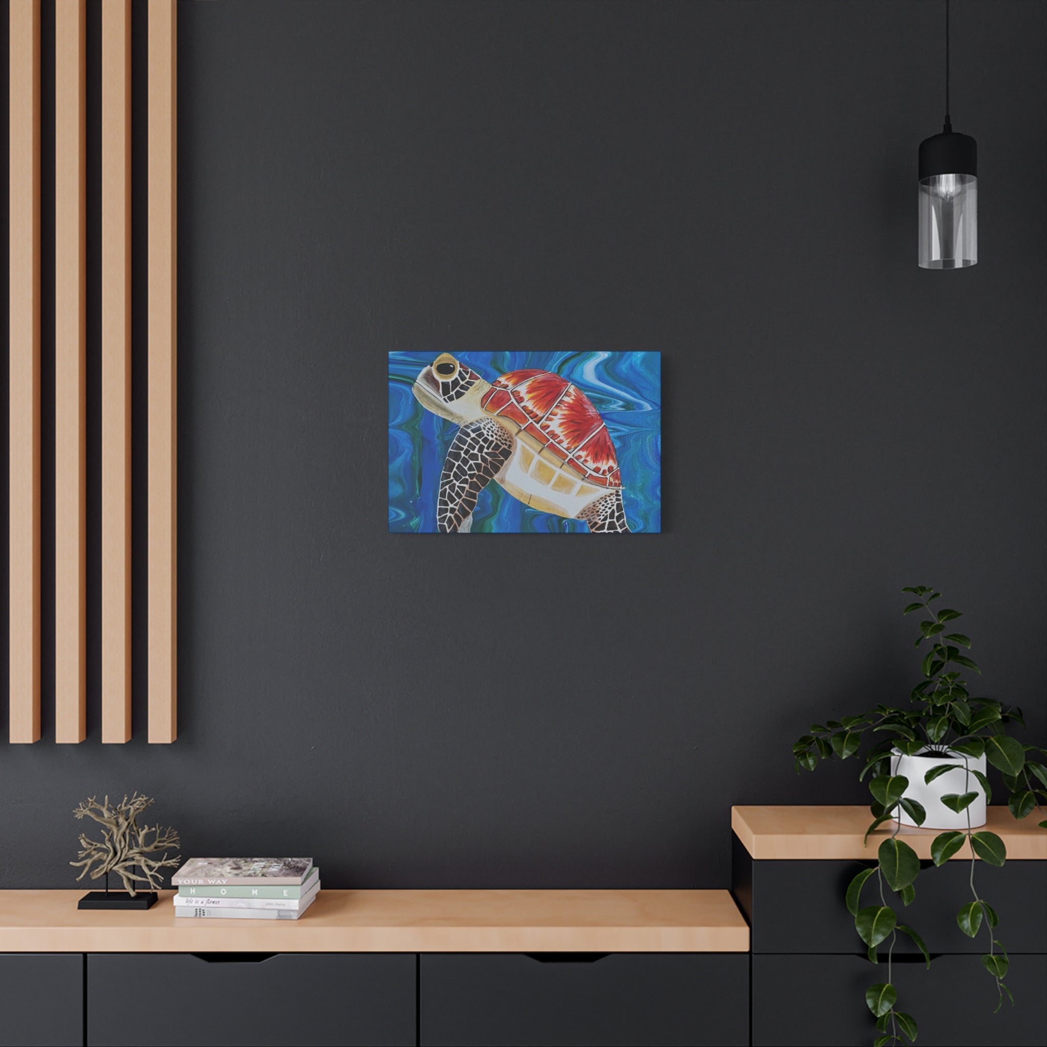 Modern interior with a black wall, wooden shelf, and canvas artwork of sea turtle.