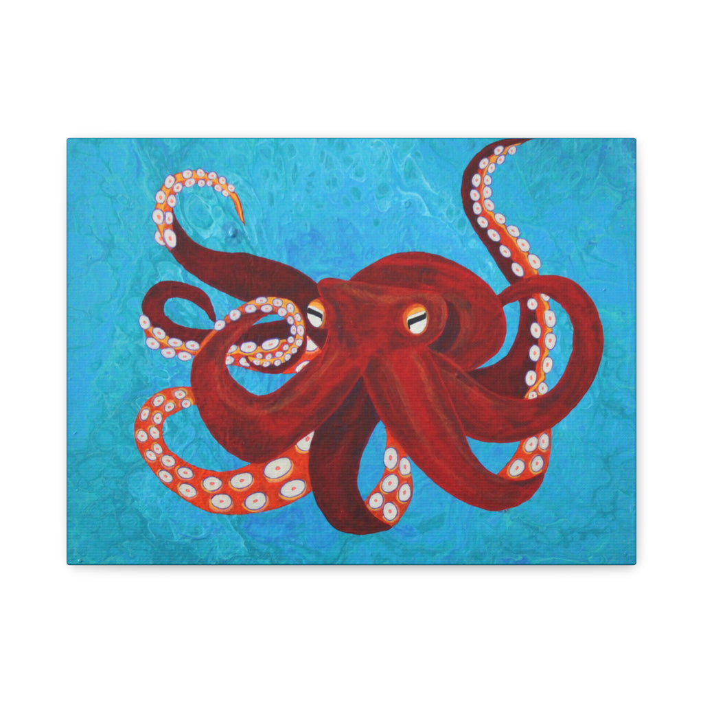 Red Octopus Matte Canvas Wall Art — Stretched Ocean Painting