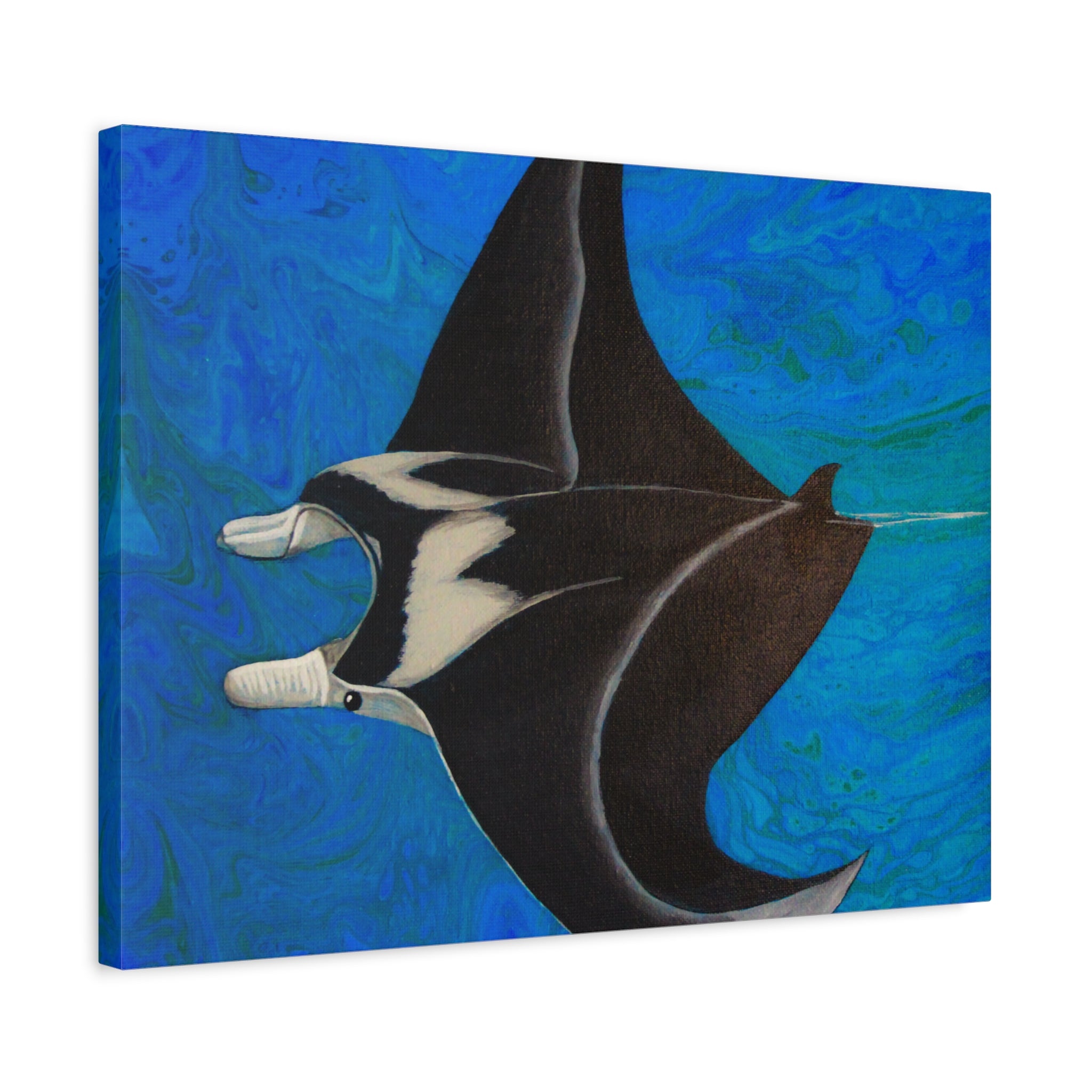 Canvas print of a manta ray against a blue abstract background