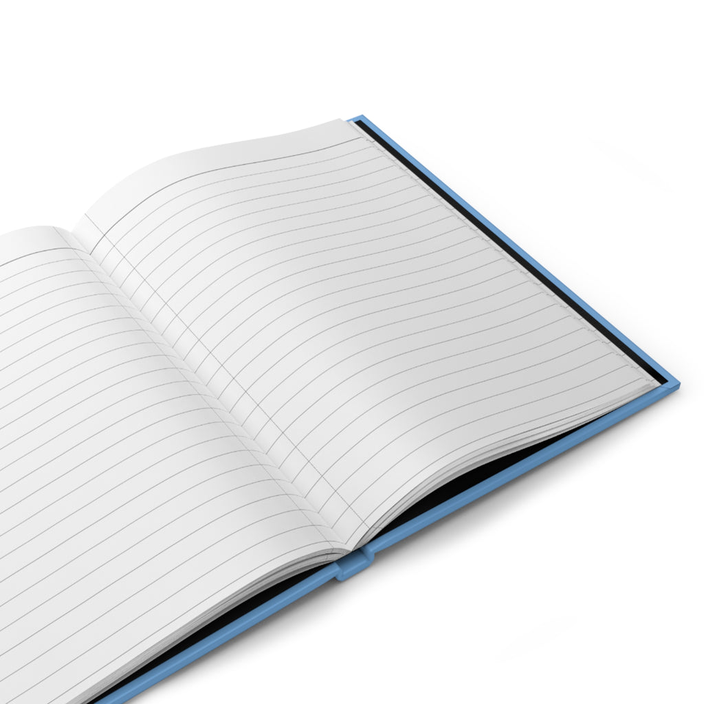 Open notebook with blue binding on a white background