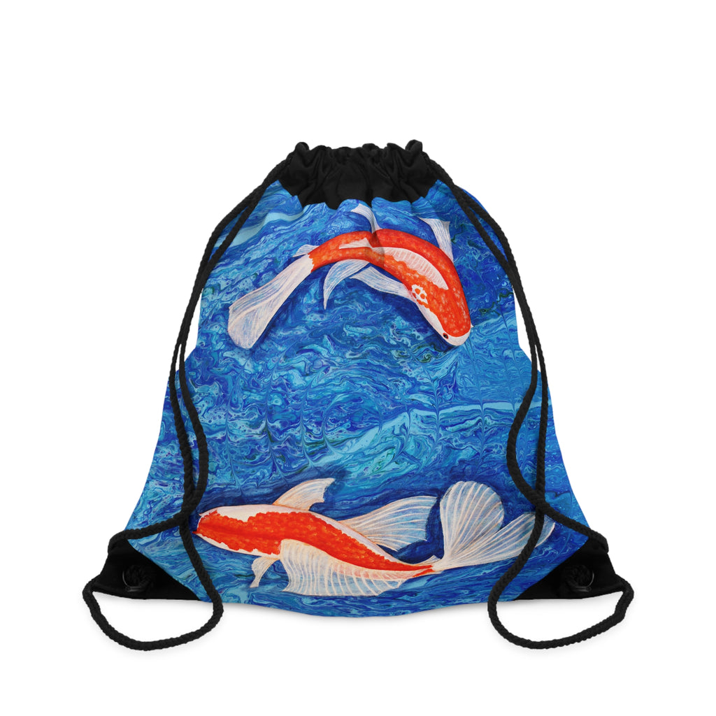 Drawstring bag with koi fish design on a blue water background