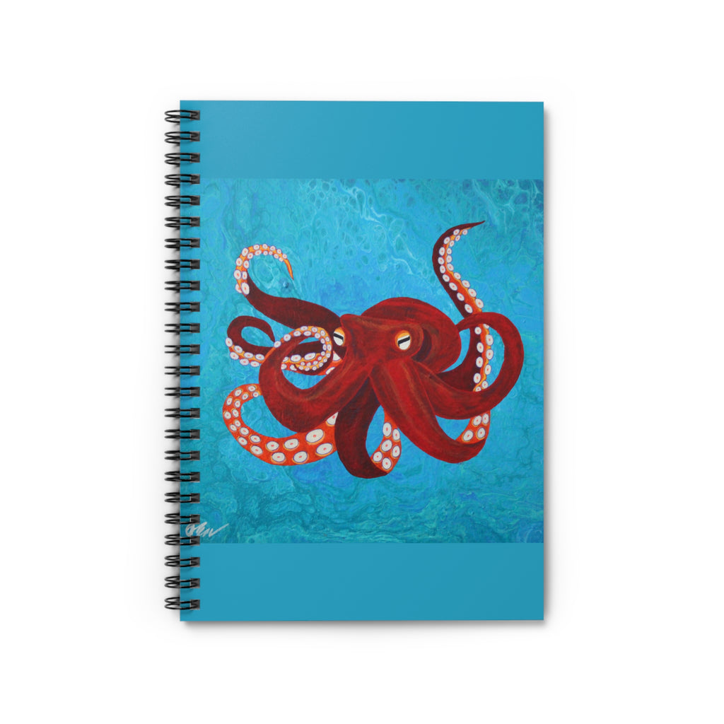 Notebook with a red octopus design on a blue background