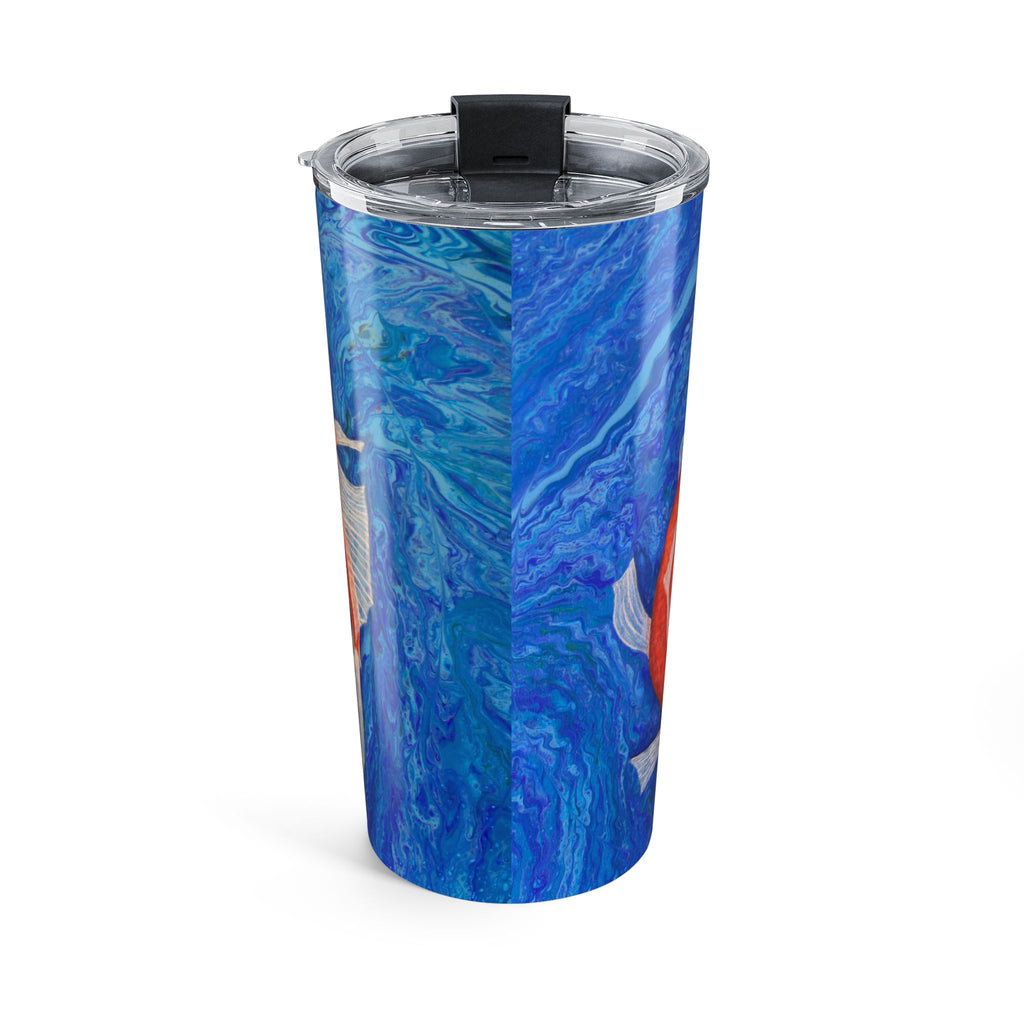 Blue marbled tumbler with a black lid on a white background