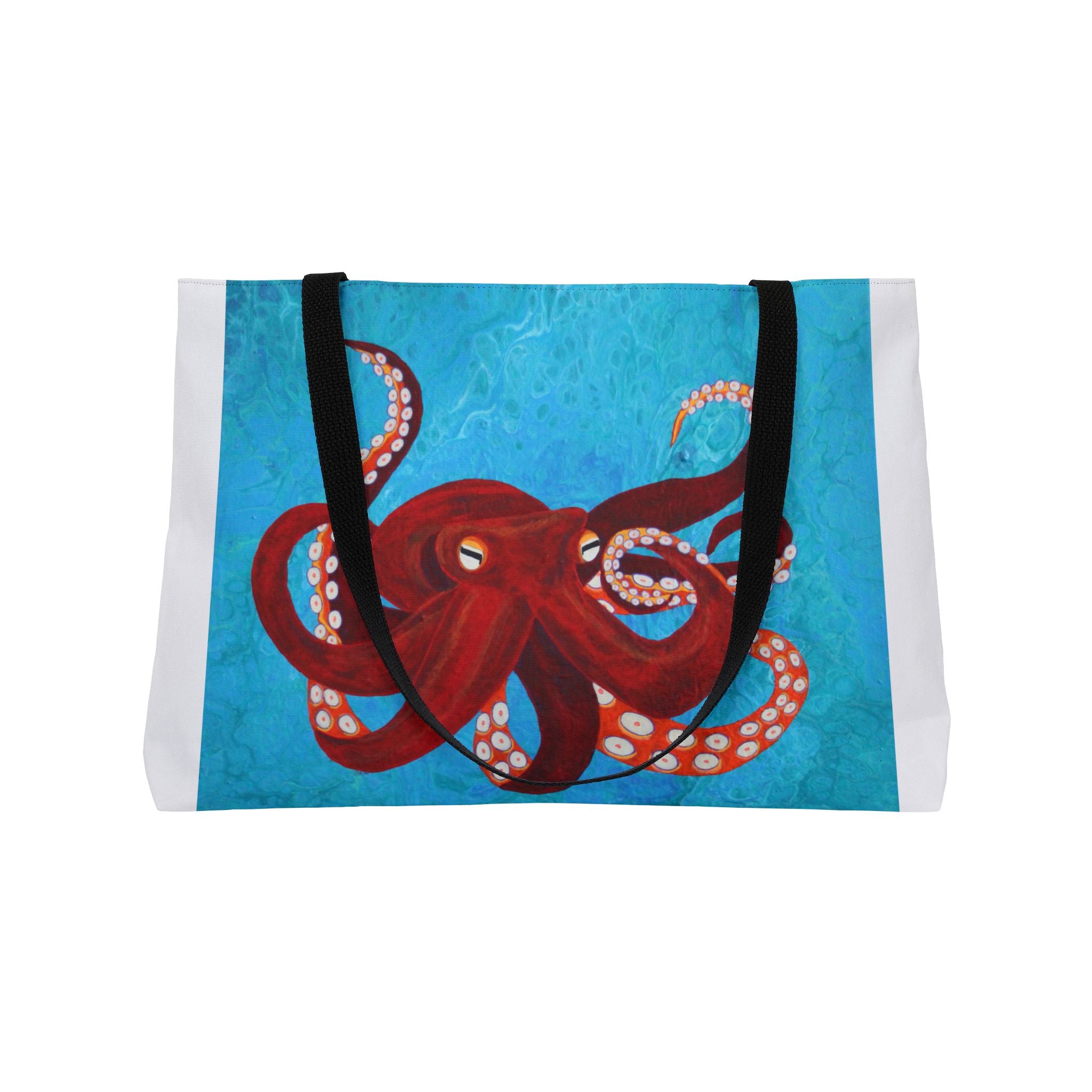 Tote bag with a red octopus design on a blue background