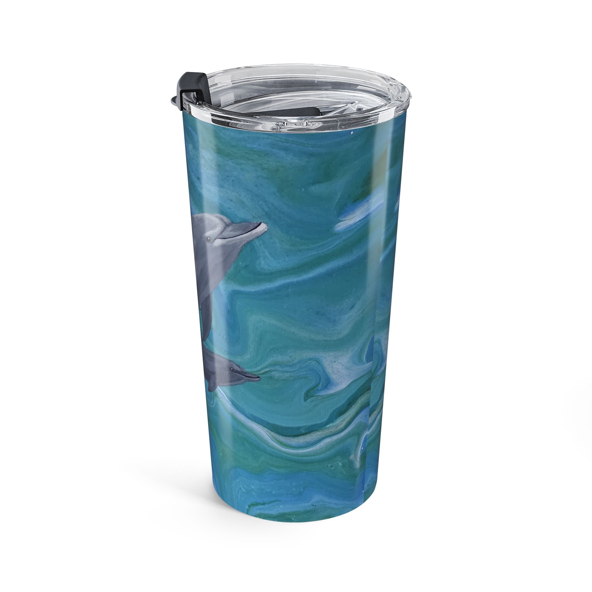 Tumbler with blue and green marbled design and dolphin illustration on a white background