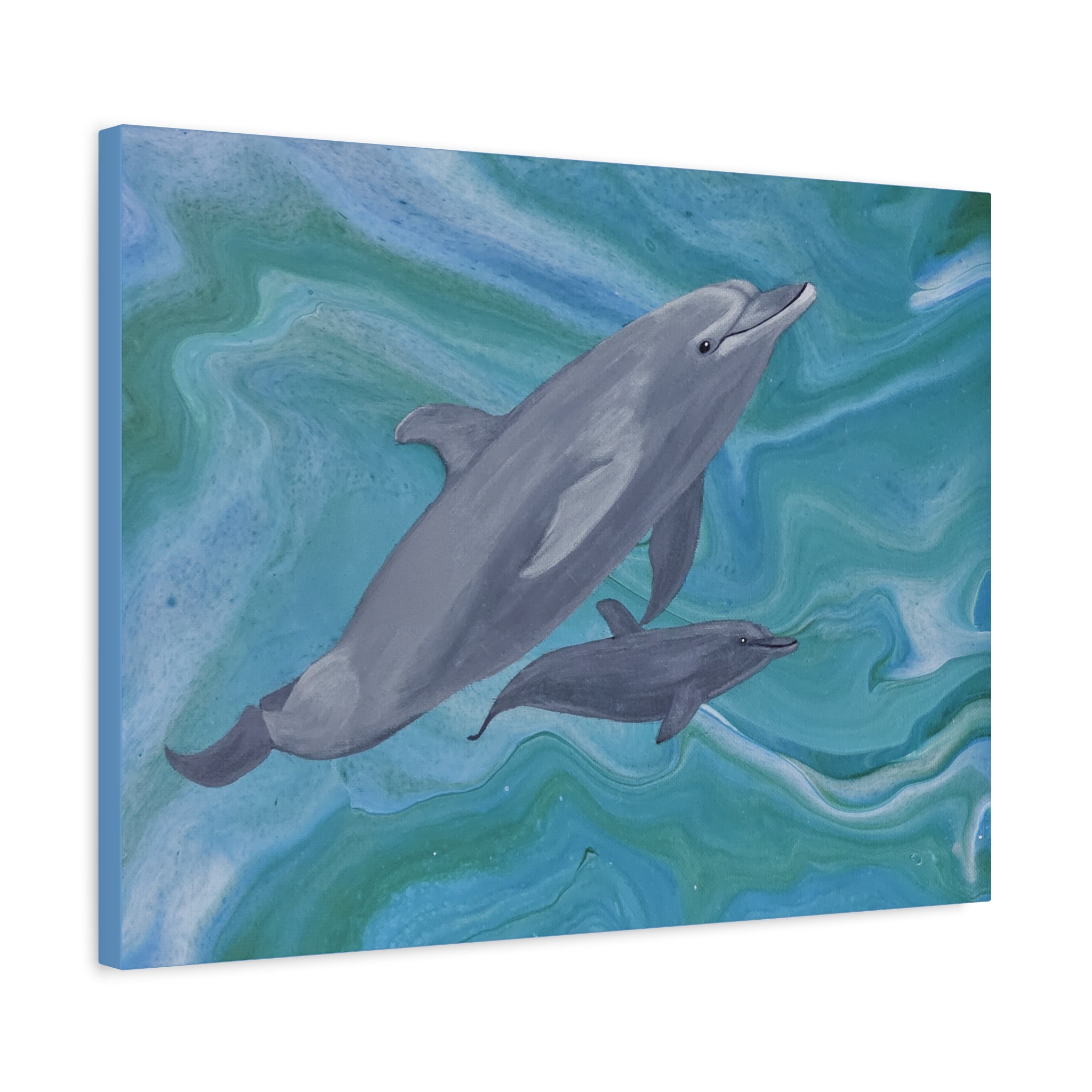 Canvas print with two dolphins on a blue and green abstract background