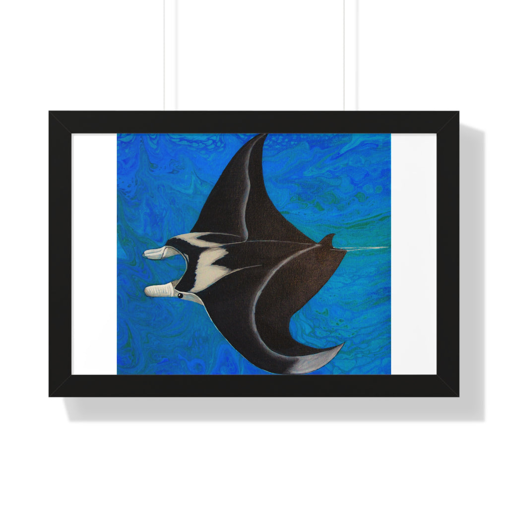 Framed artwork of a manta ray on a blue abstract background