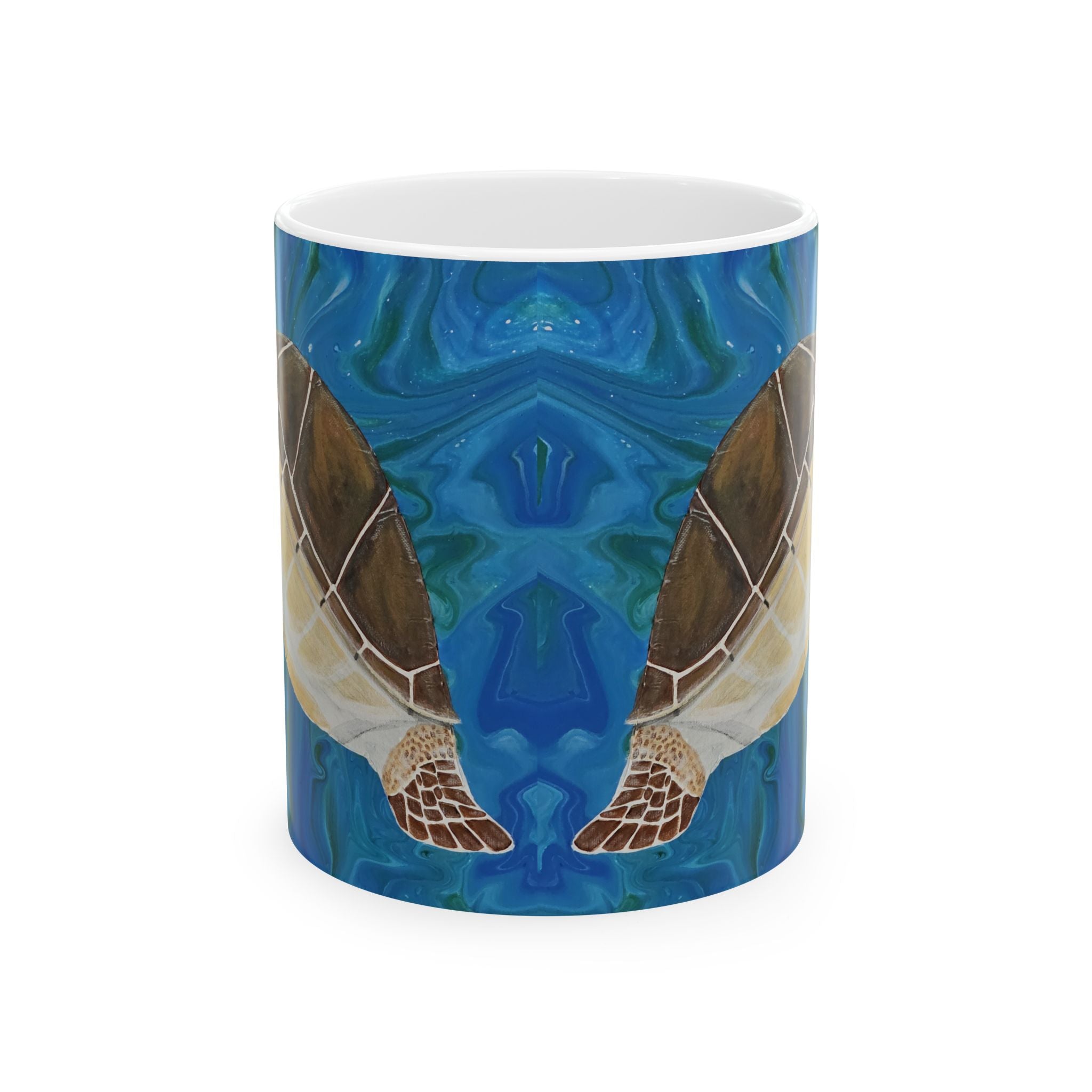 Mug with a blue and brown abstract design on a white background
