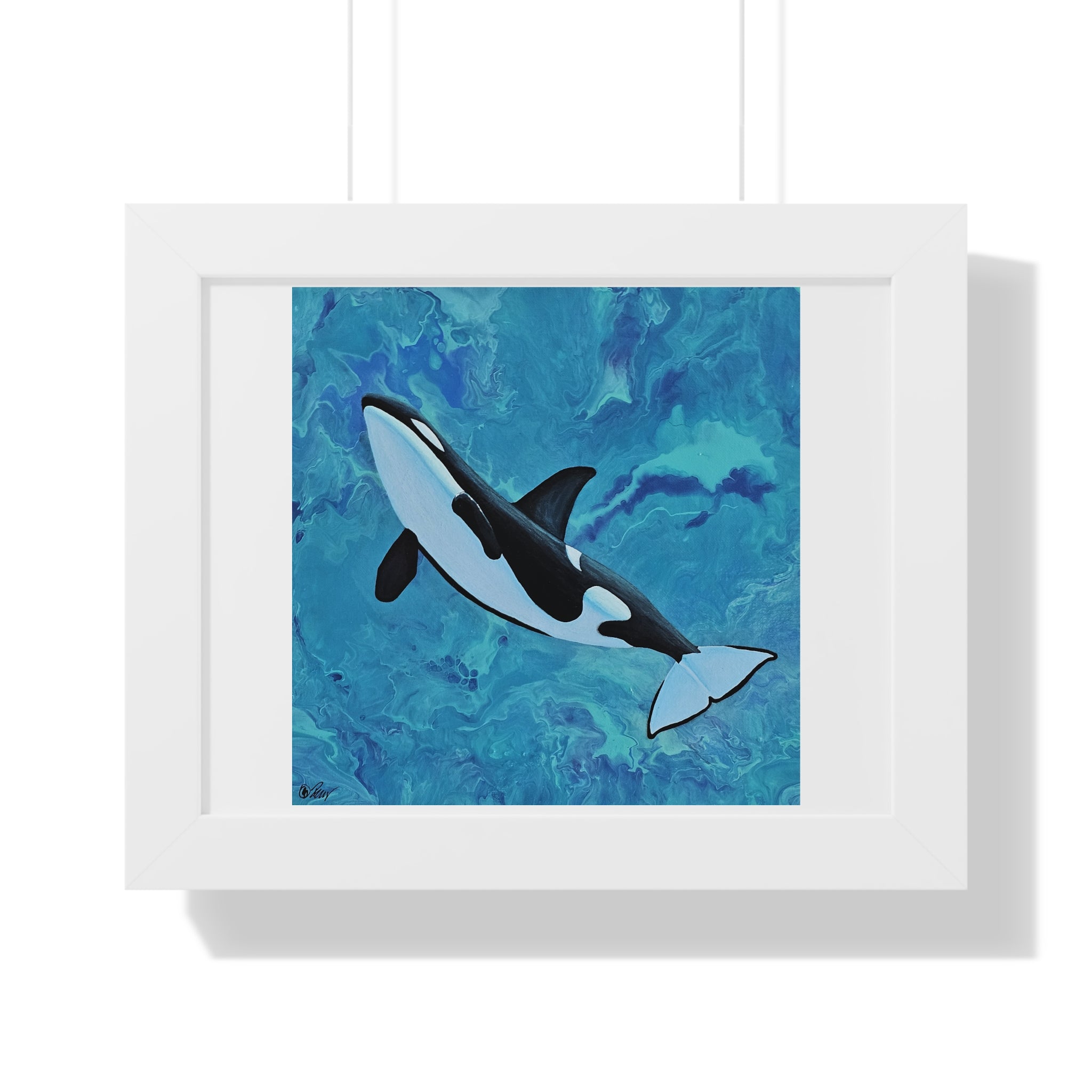 Framed artwork of an orca whale on a blue abstract background