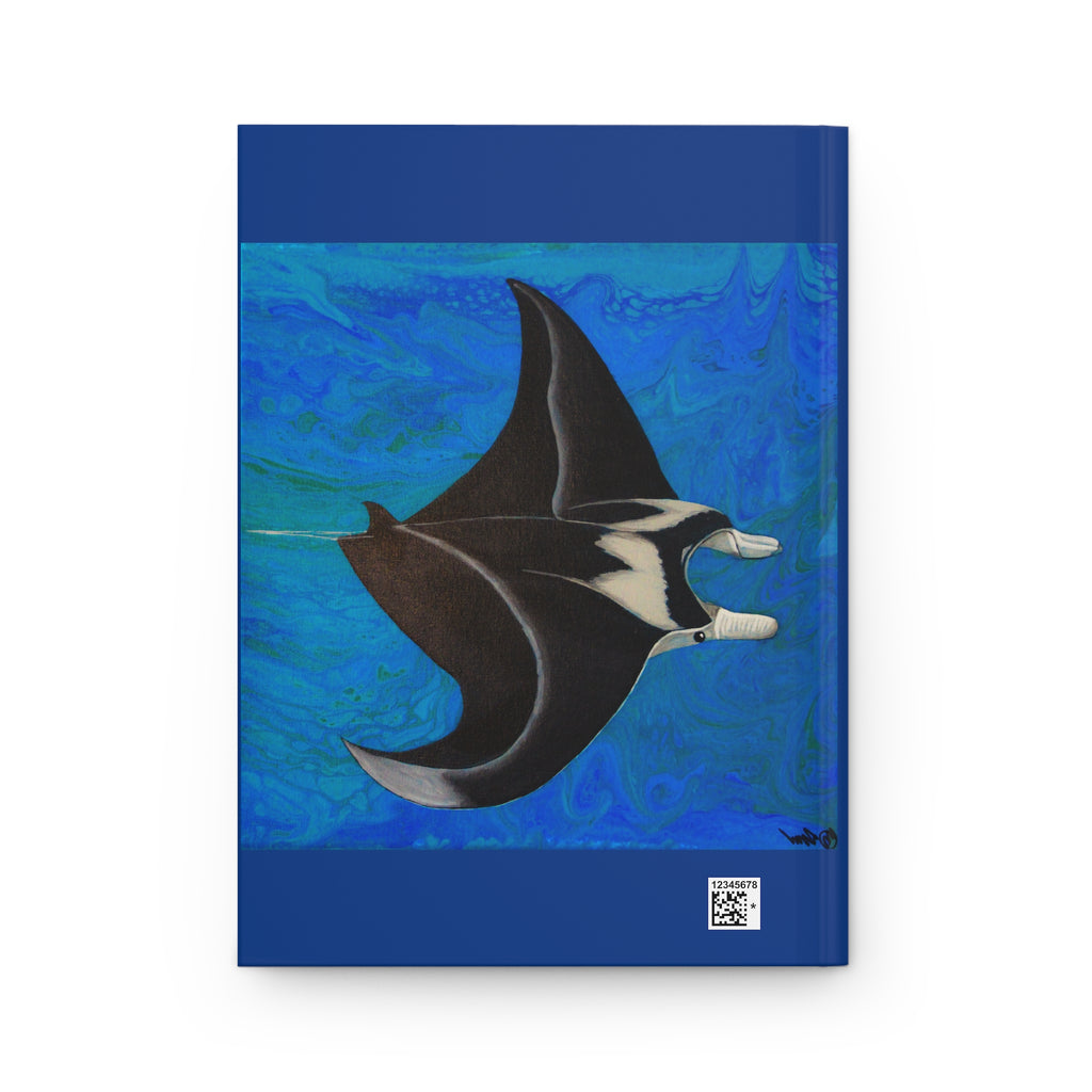 Notebook cover with a manta ray illustration on a blue abstract background