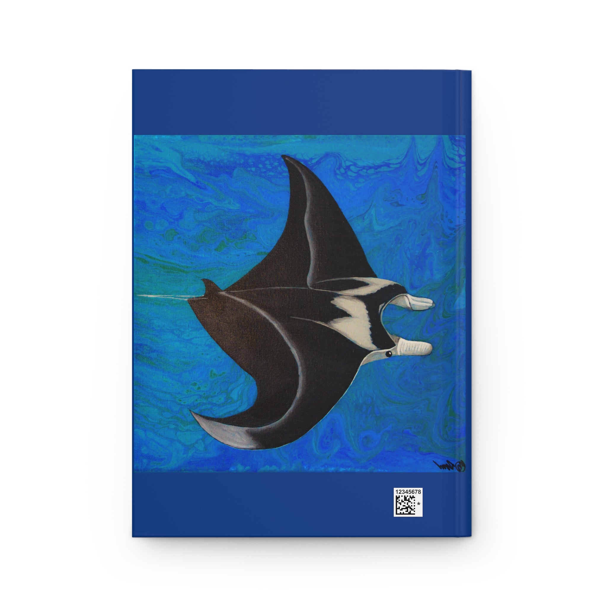 Notebook cover with a manta ray illustration on a blue abstract background