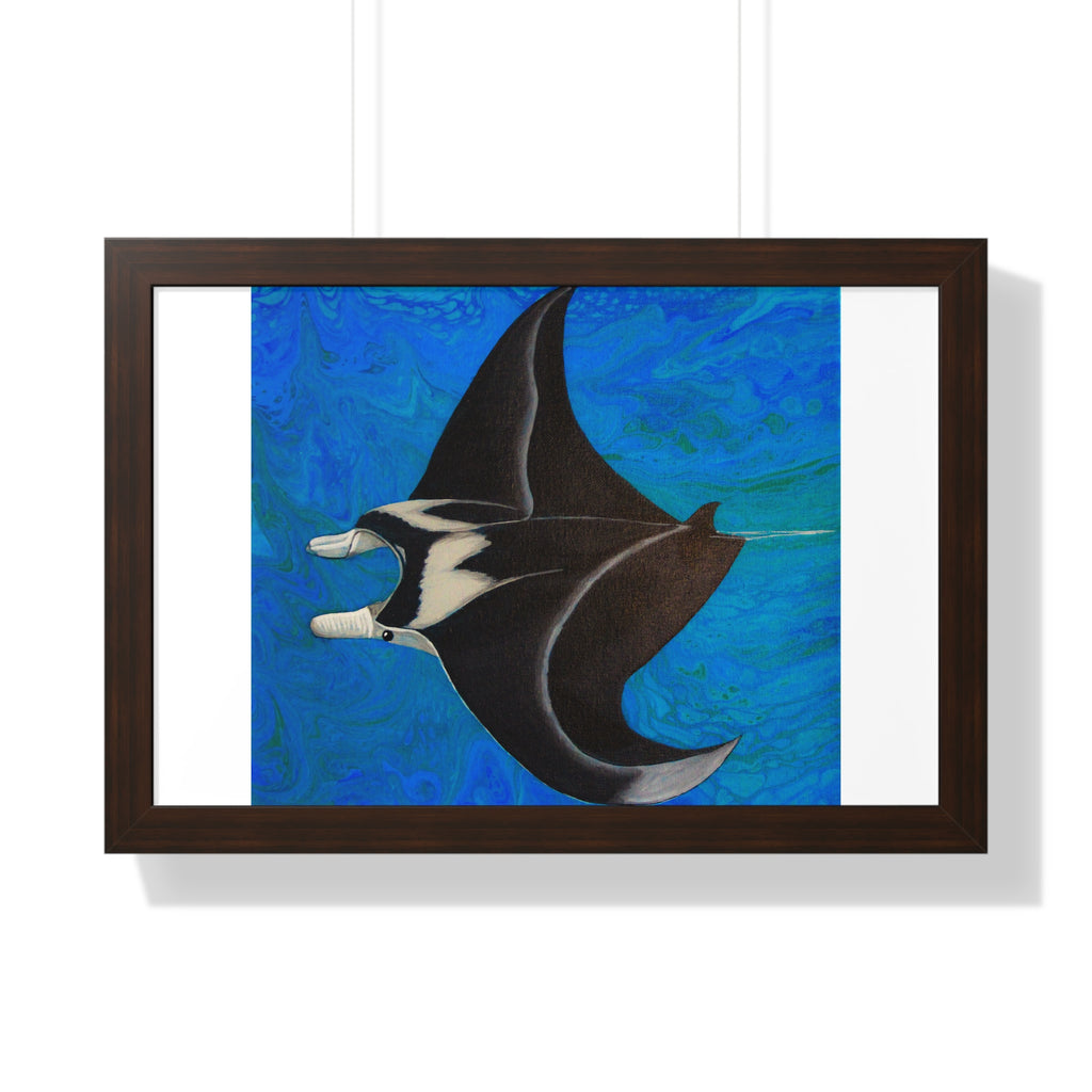 Framed artwork of a manta ray on a blue abstract background