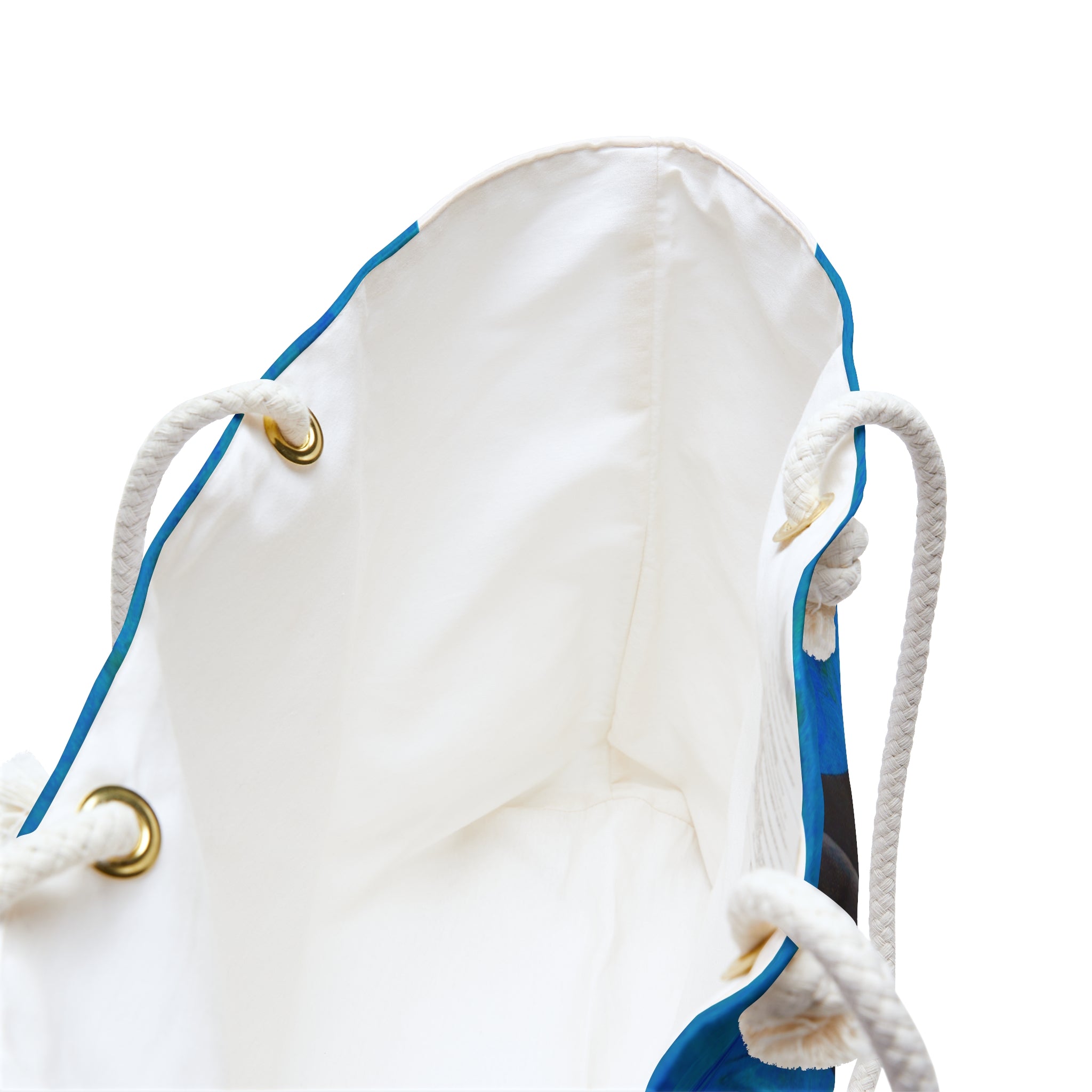 White drawstring bag with blue accents on a white background