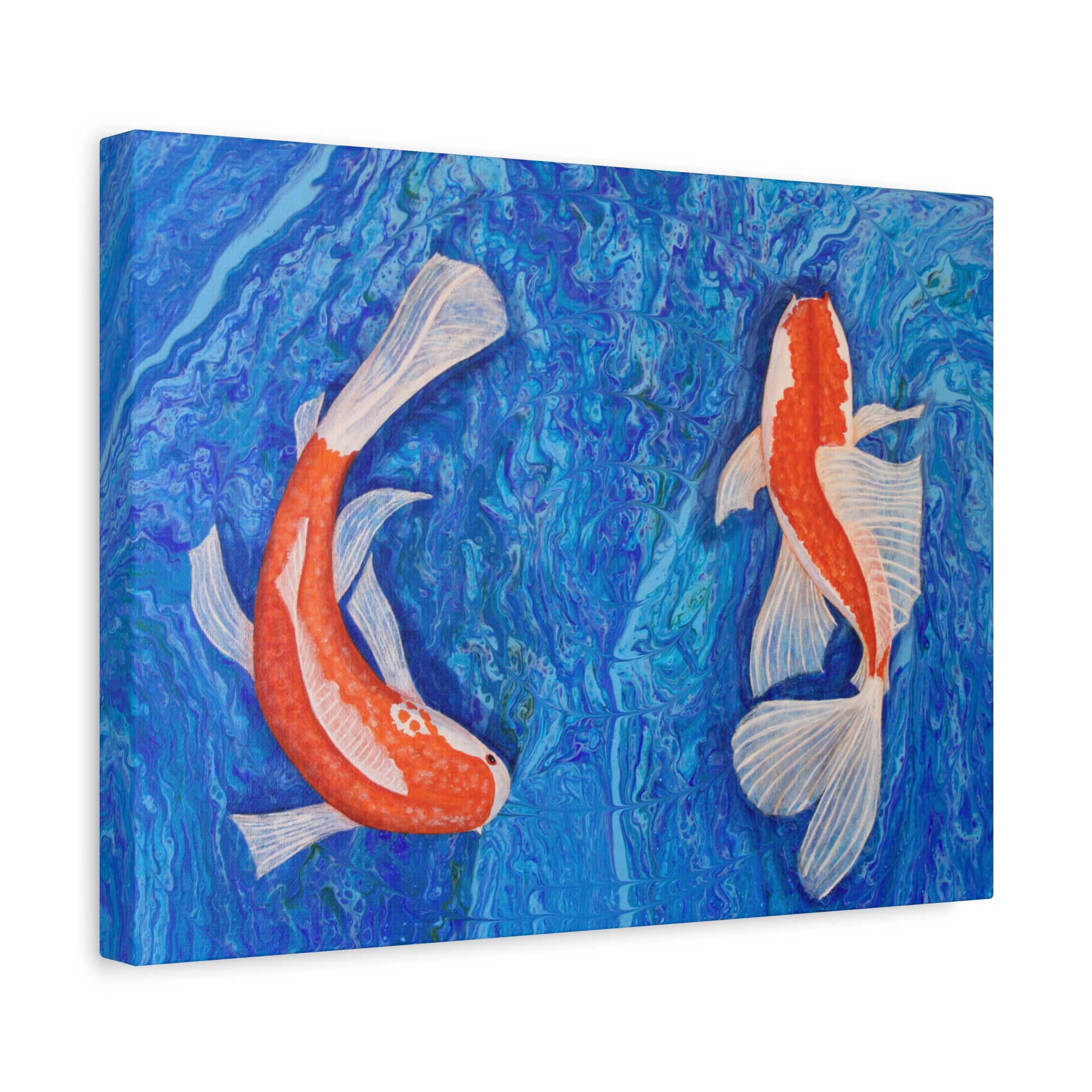 Canvas print of two koi fish on a blue watercolor background
