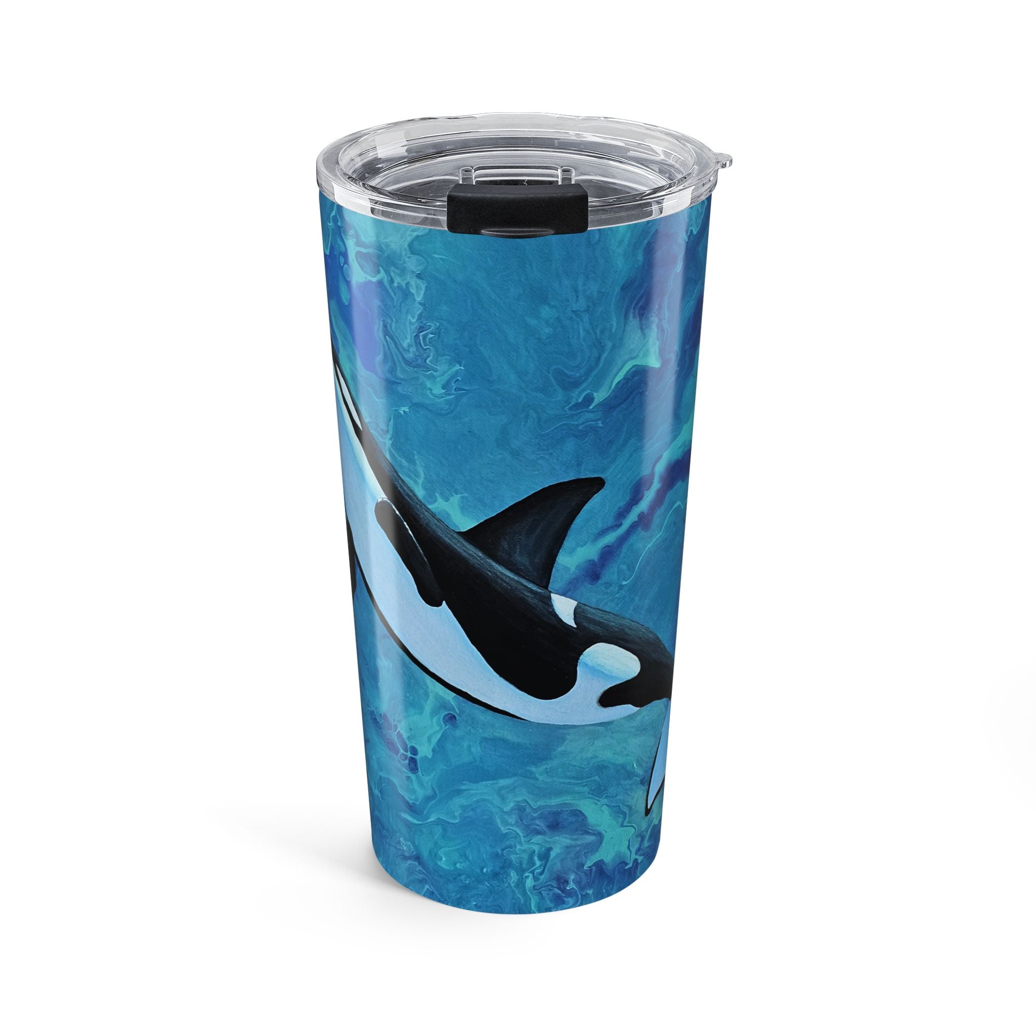 Tumbler with orca whale design on a blue and green abstract background