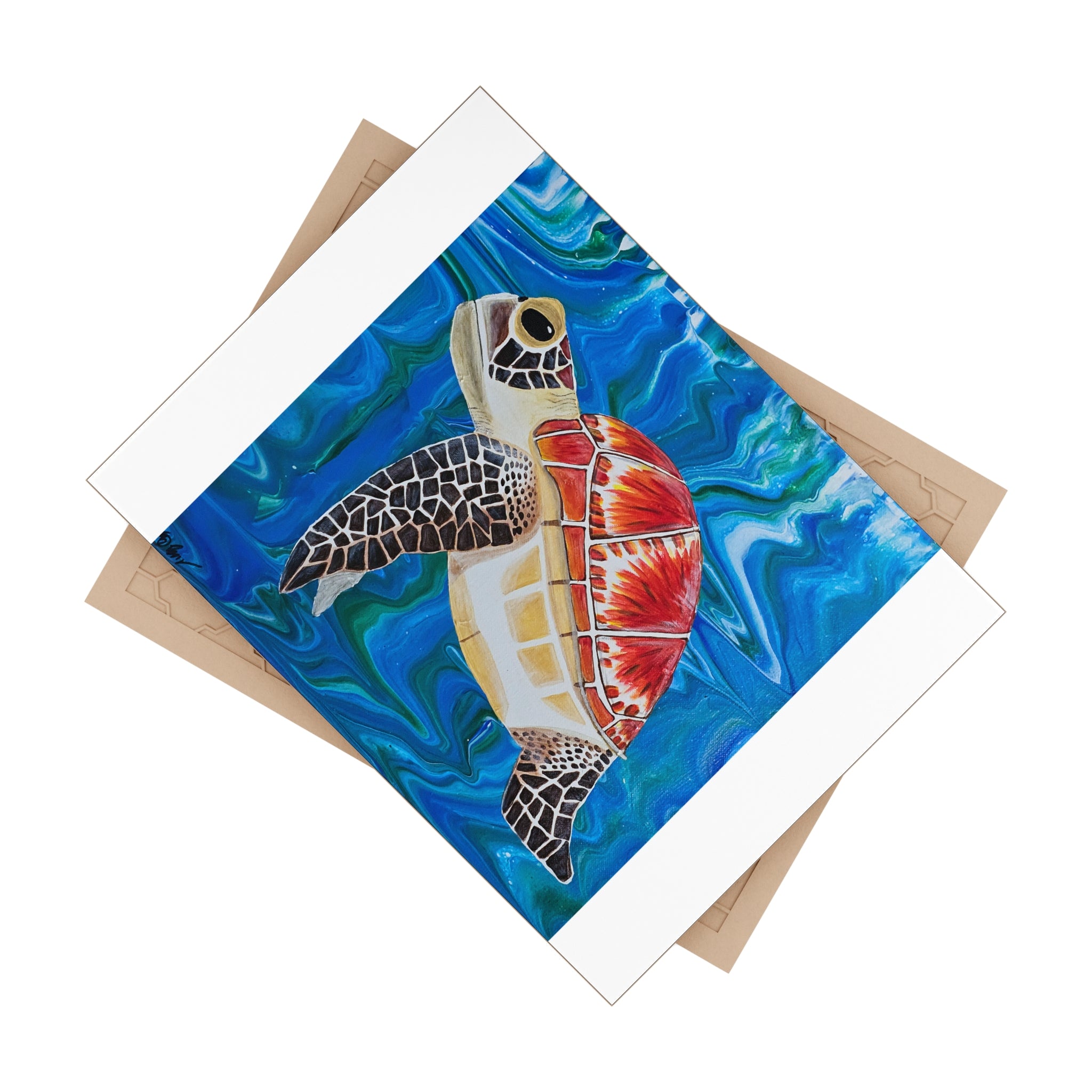 Tile with a turtle illustration on a blue wave background with beige backing