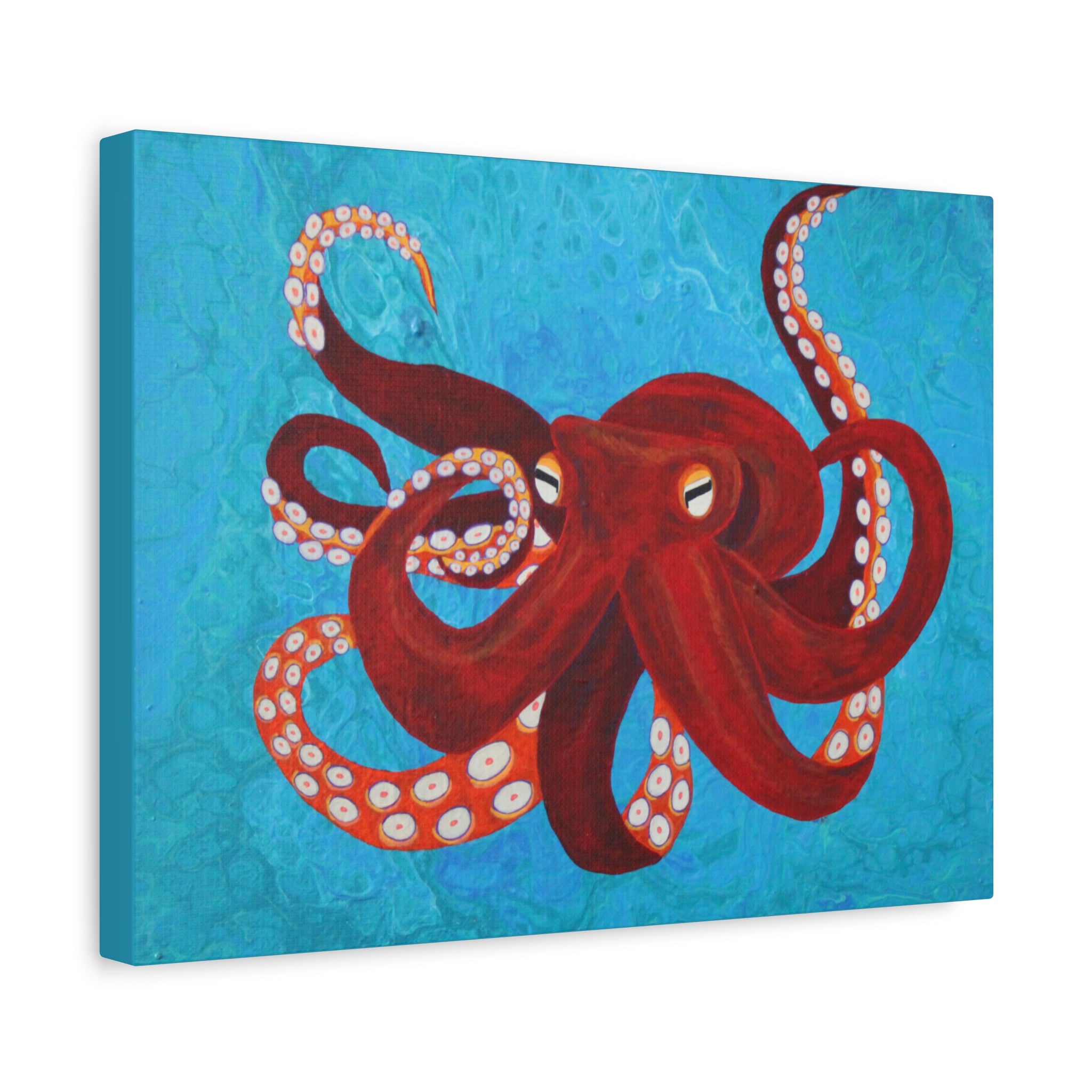 Canvas print of a red octopus on a blue textured background