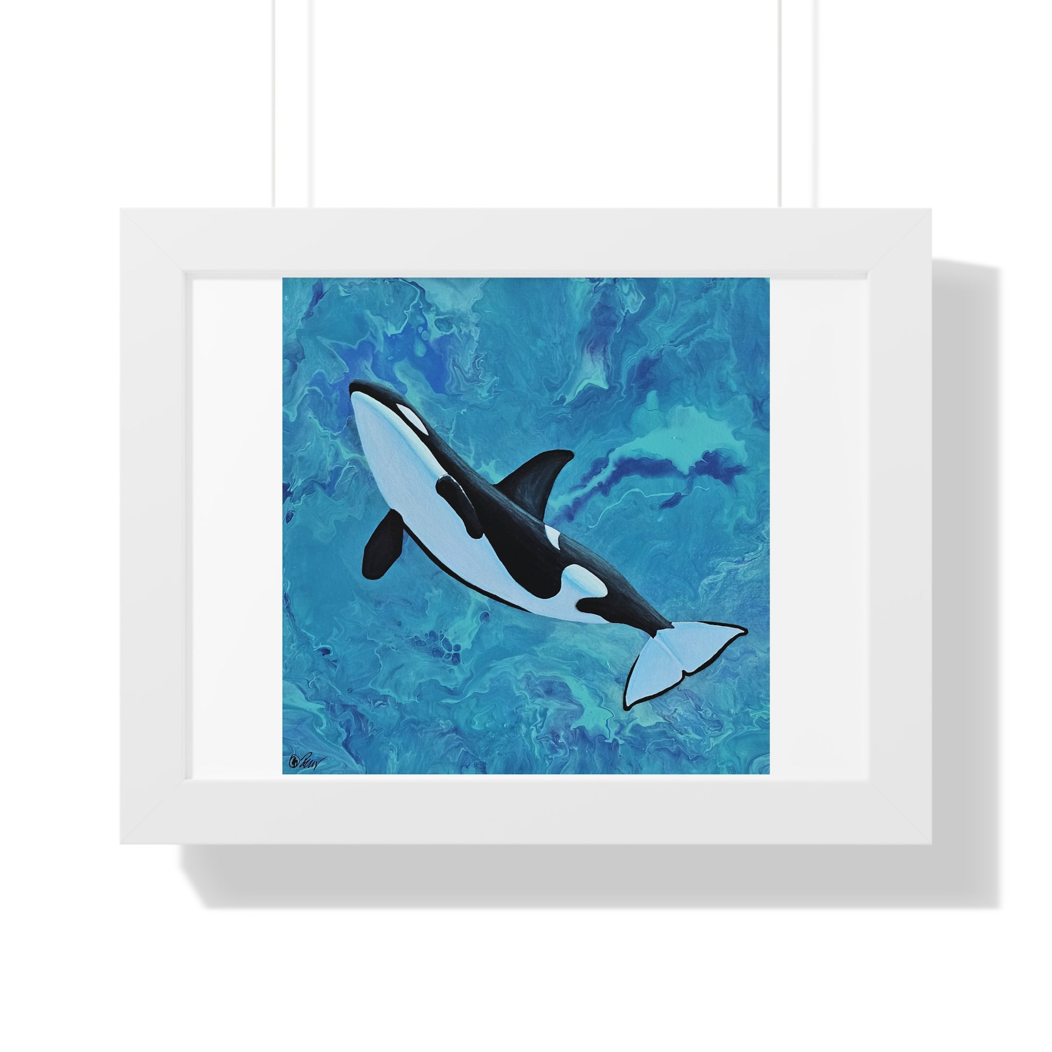 Framed artwork of an orca whale on a blue abstract background