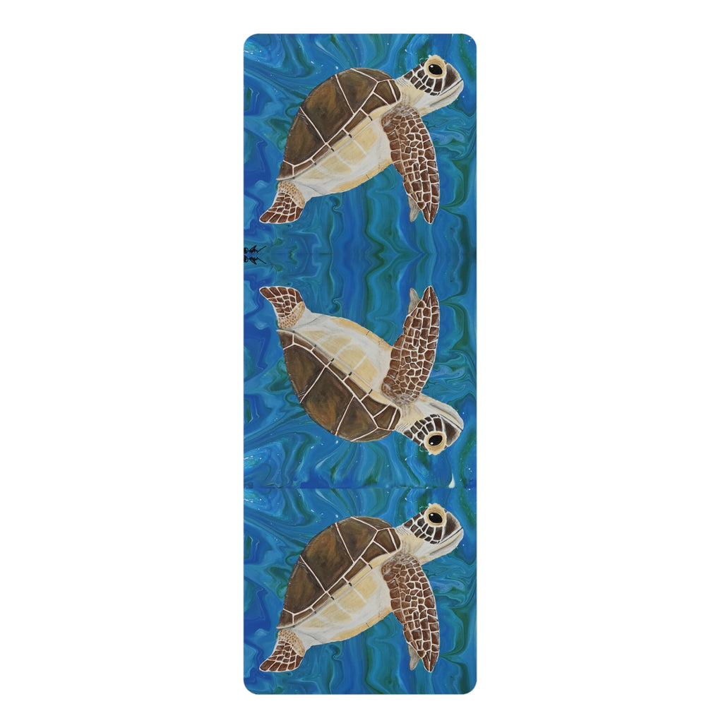 Yoga mat with turtle design on a blue background