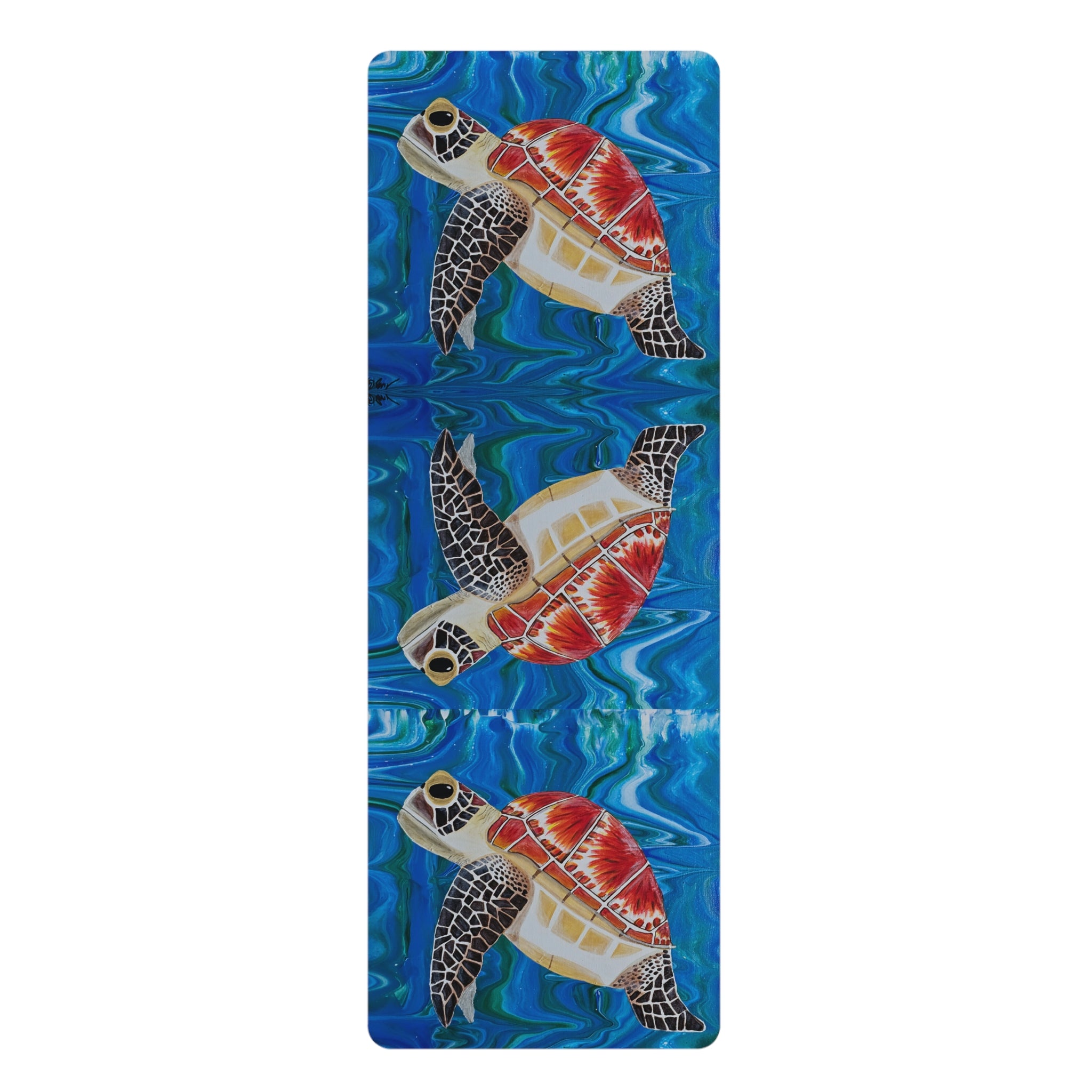 Yoga mat with turtle design on a blue watercolor background