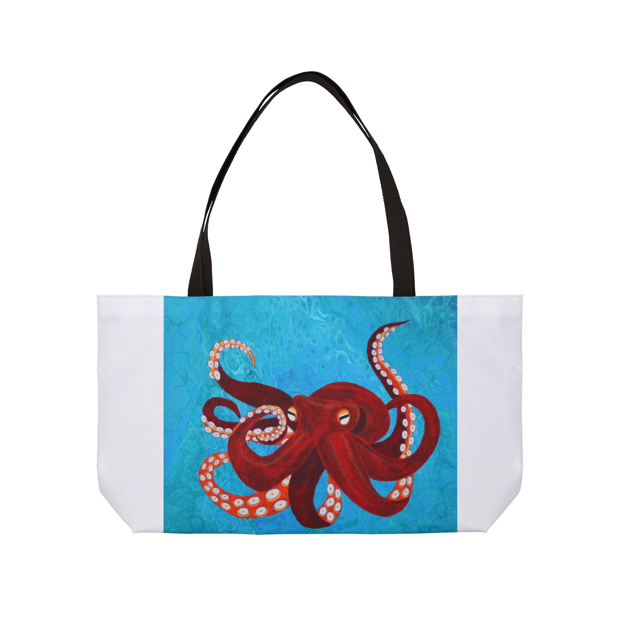 Tote bag with a red octopus design on a blue and white background