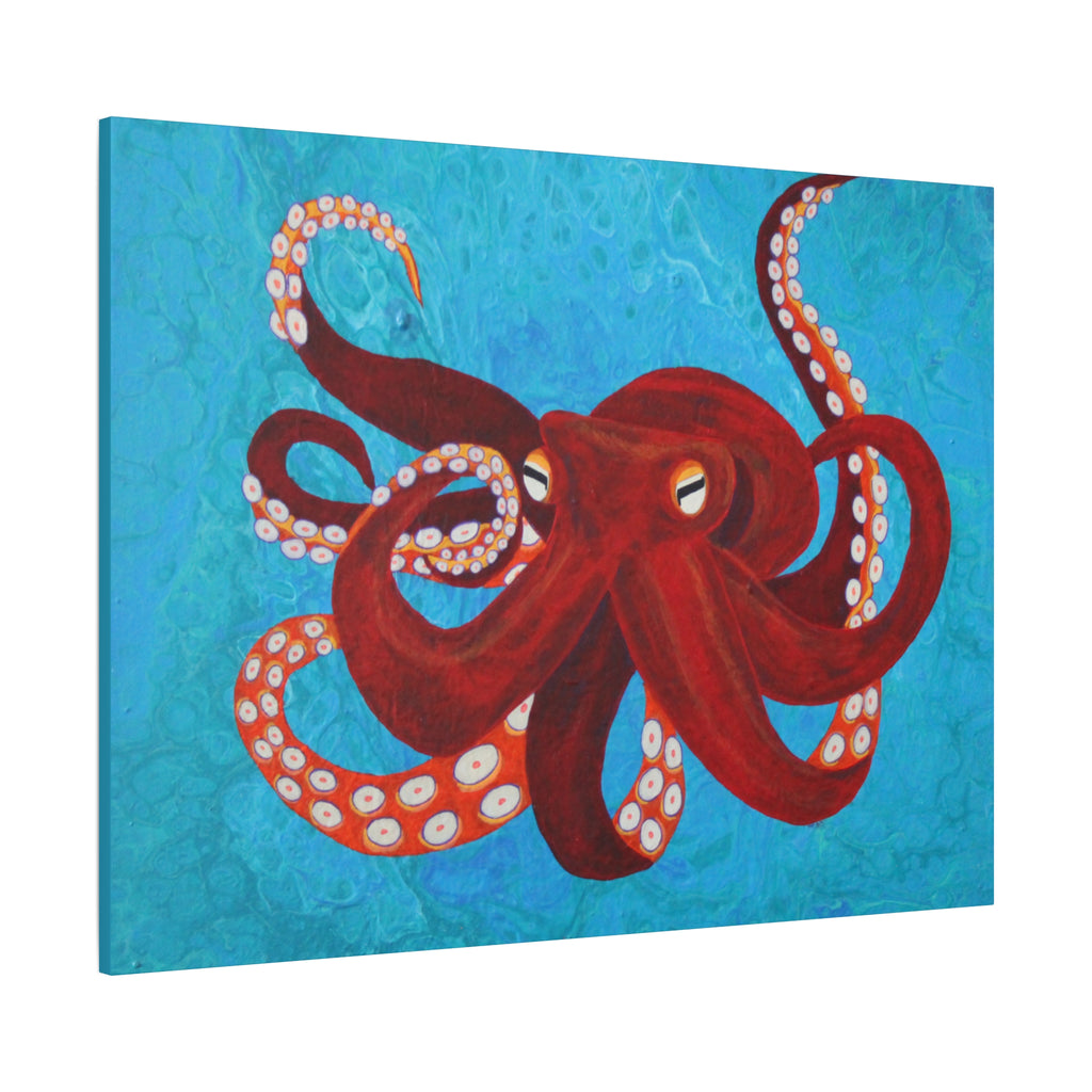 Painting of a red octopus on a blue background