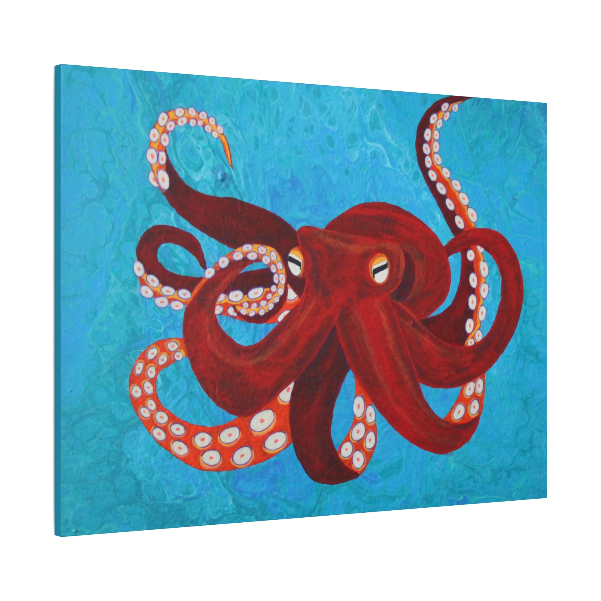 Painting of a red octopus on a blue background