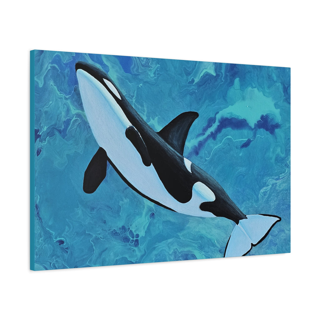 Orca whale painting on a blue abstract background
