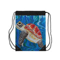 Drawstring bag with a turtle design on a blue background