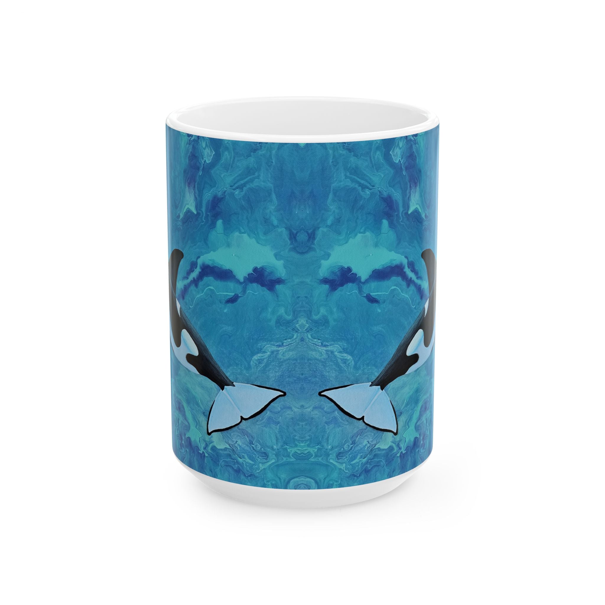 Mug with blue whale pattern on a white background