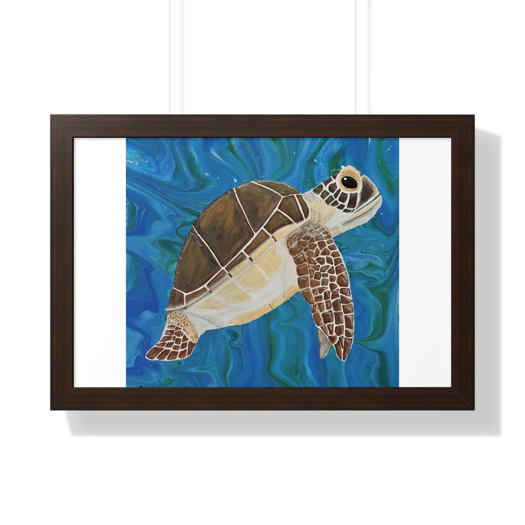 Framed artwork of a turtle swimming underwater with a blue and green background.
