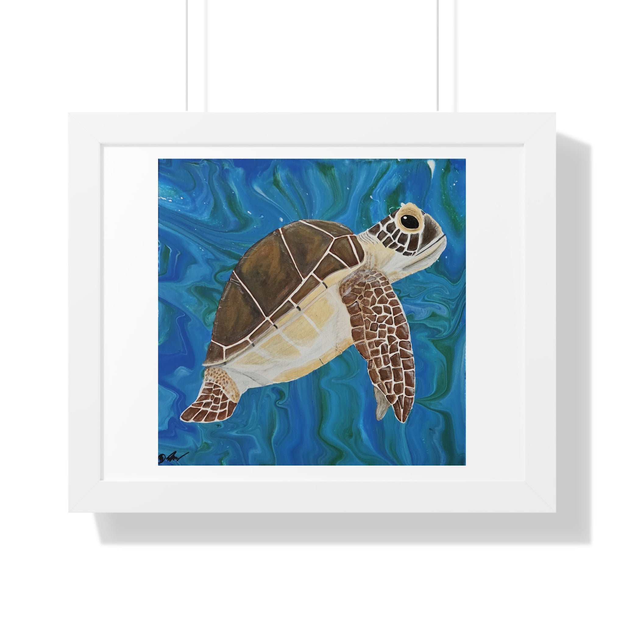 Framed artwork of a turtle swimming in blue water