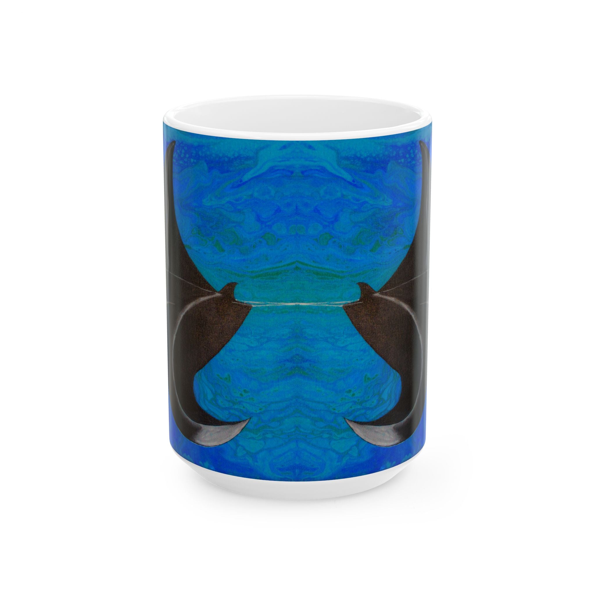 Mug with blue and black abstract design on a white background