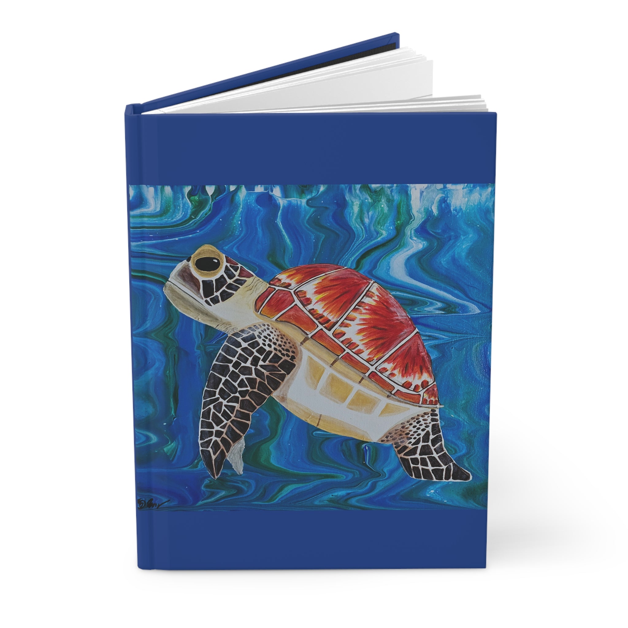 Notebook with a turtle illustration on a blue background