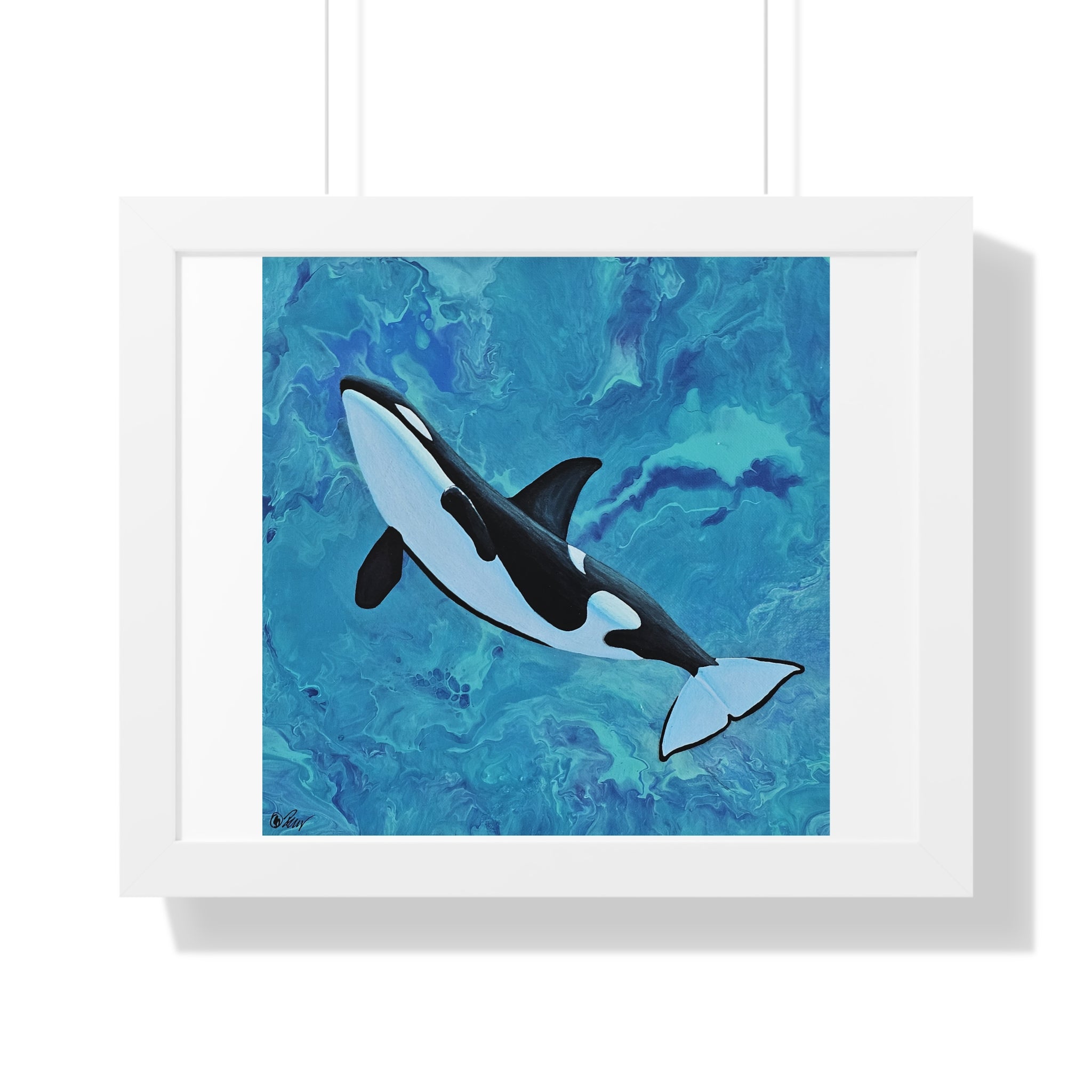 Framed artwork of an orca whale on a blue abstract background