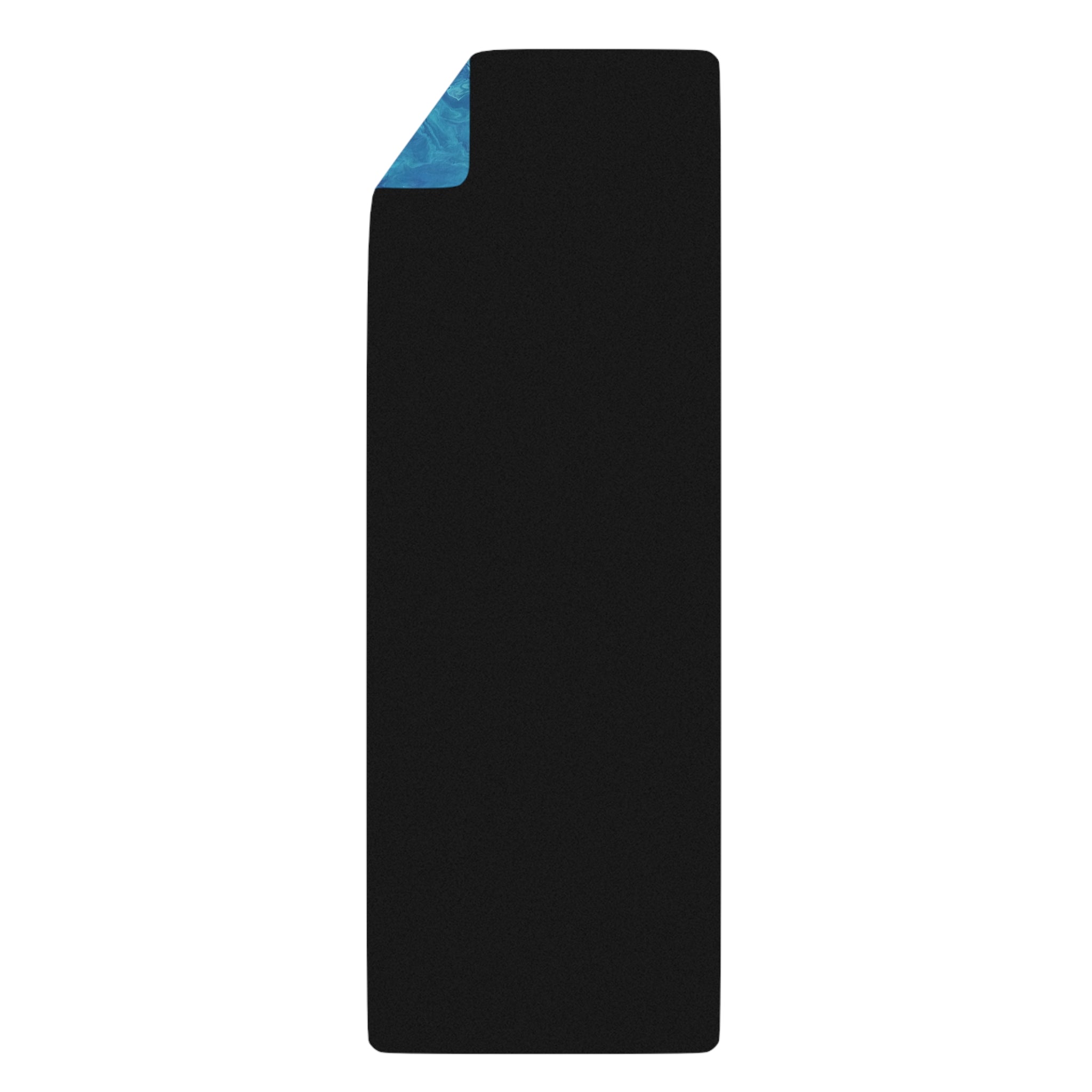 Black backing of yoga mat with blue corner on a white background