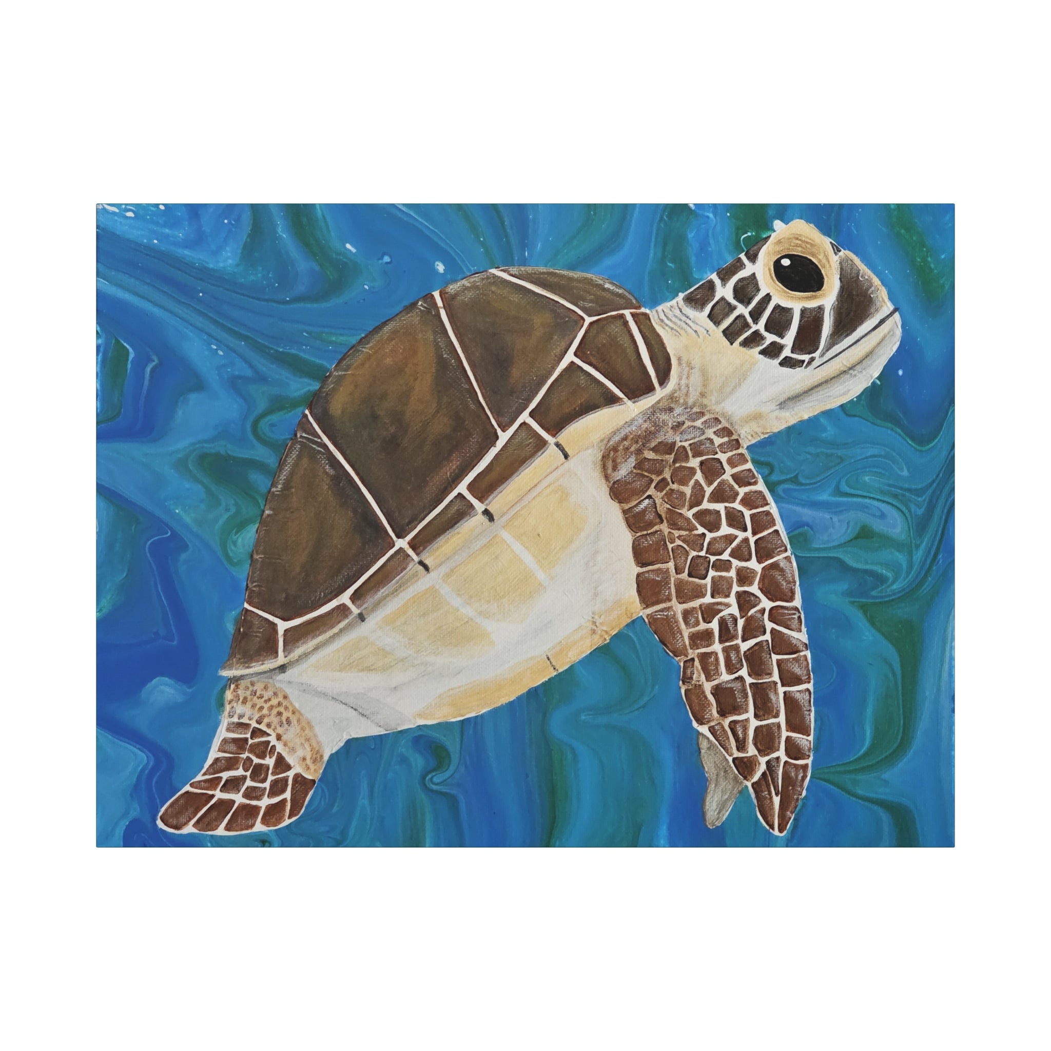 Painting of a turtle on a blue and green abstract background