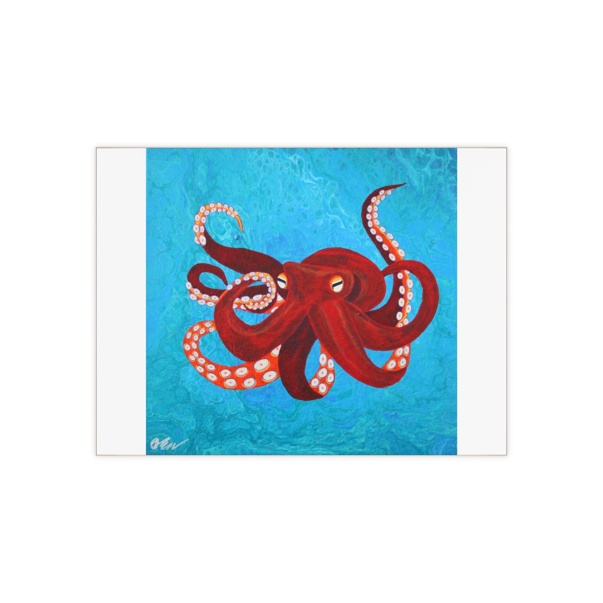 Tile with Red octopus illustration on a blue textured background