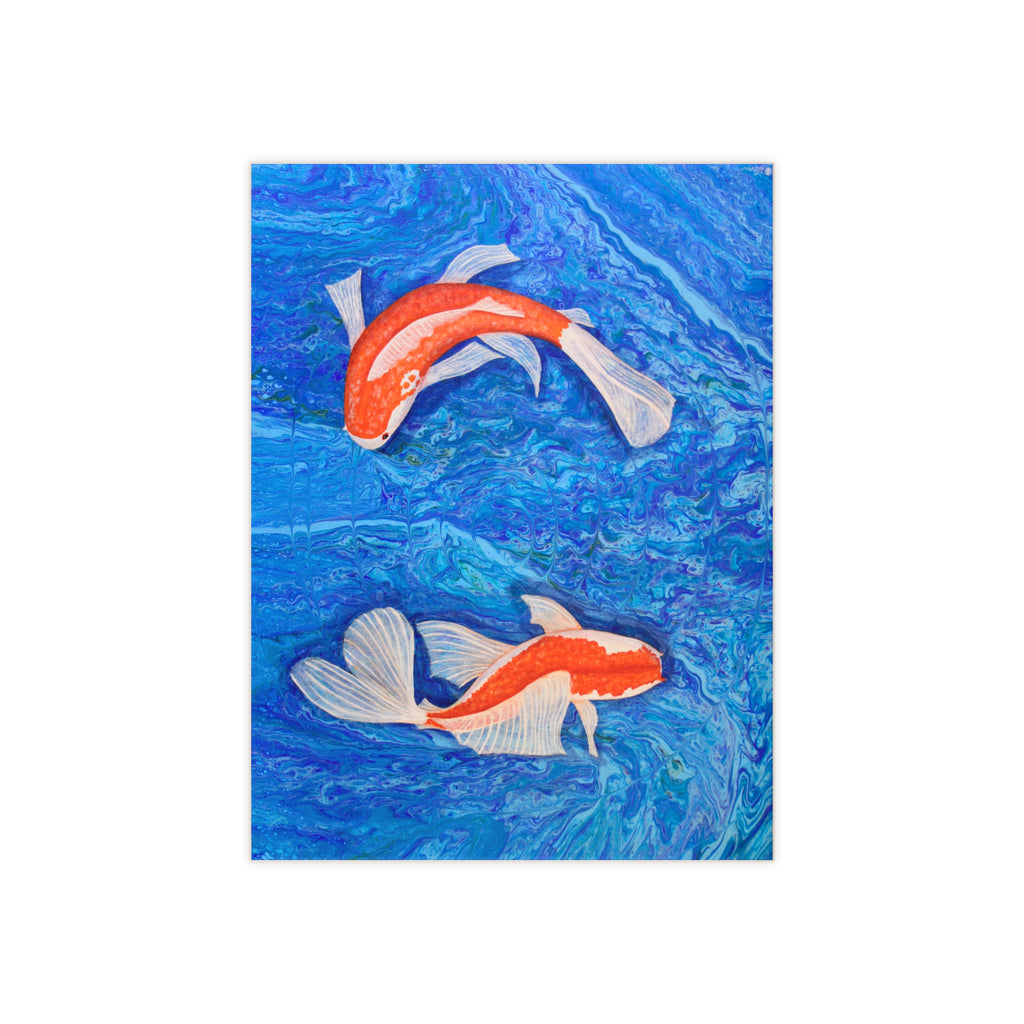 Artistic depiction of two koi fish swimming in blue water tile