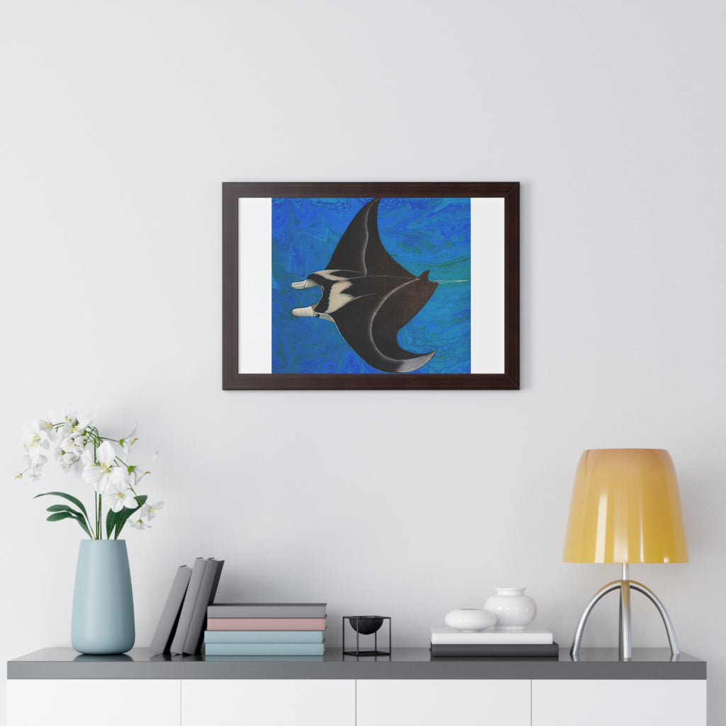 Framed artwork of a manta ray on a wall above a shelf with decor items.