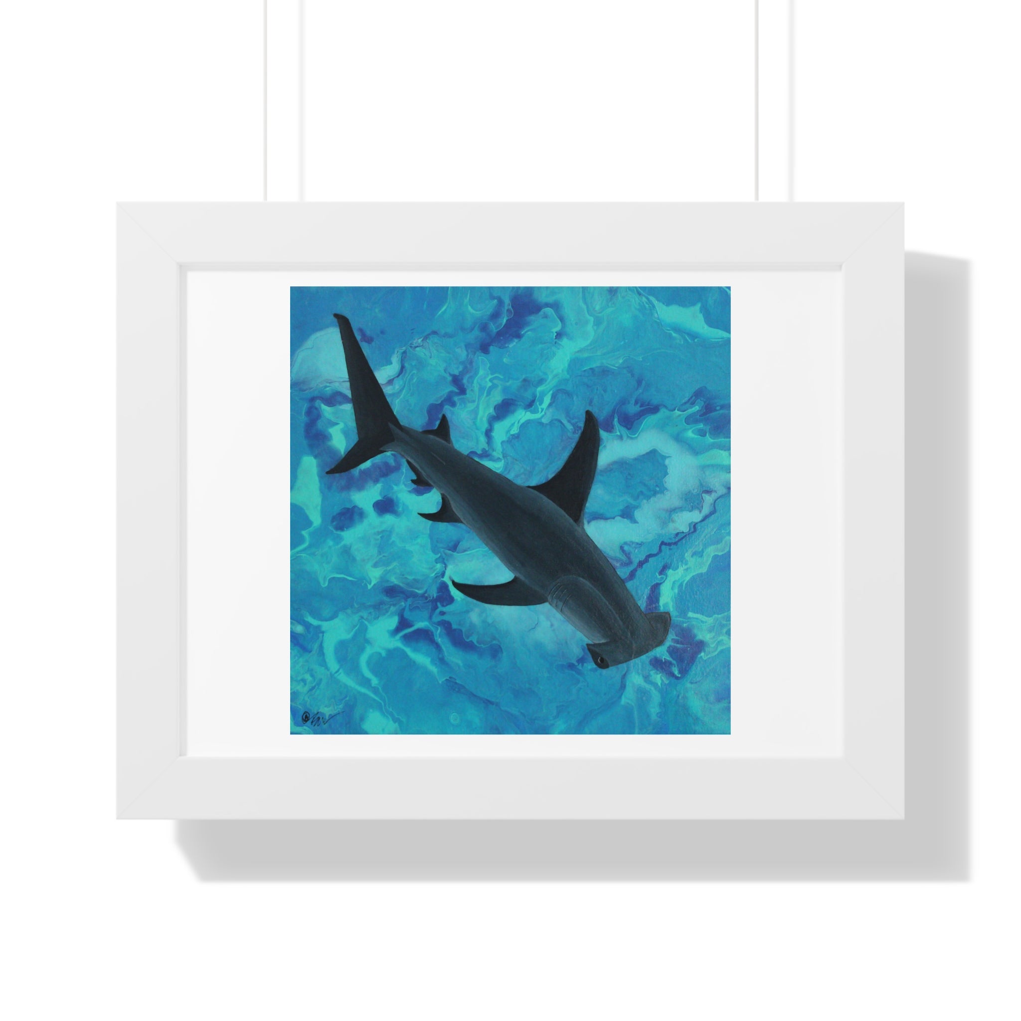 Framed artwork of a shark silhouette on a blue abstract background