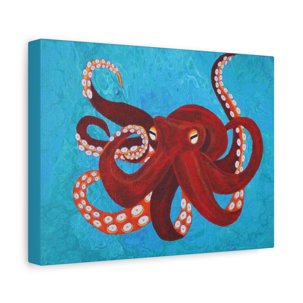 Canvas print of a red octopus on a blue textured background