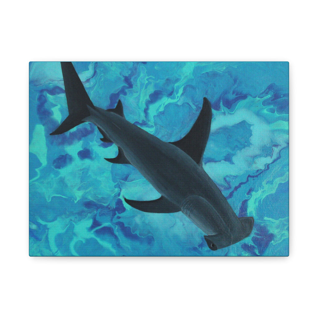 Shark swimming in blue water with a patterned background