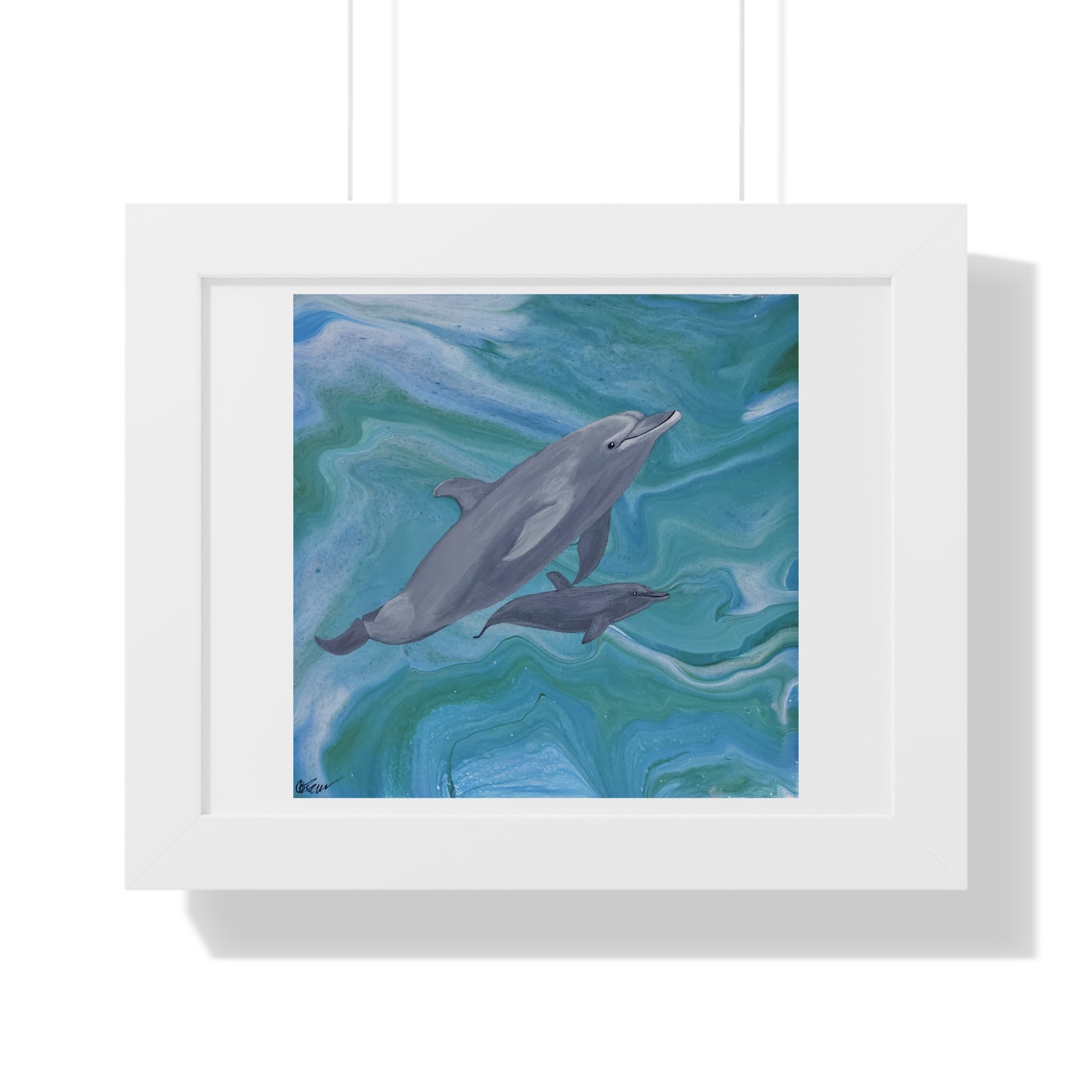 Framed Dolphin Art Print — Ocean Blue Watercolor Poster (Horizontal)