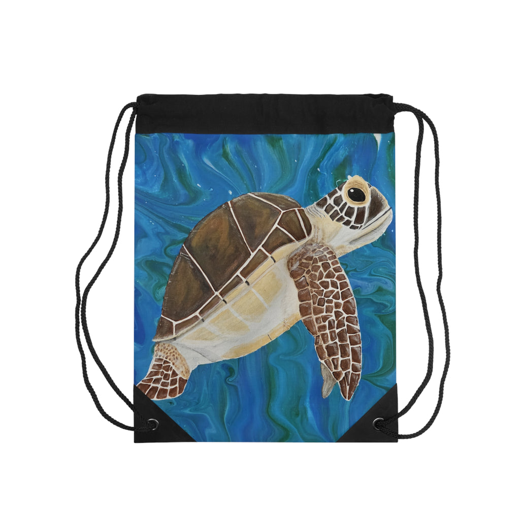 Drawstring bag with a turtle design on a blue underwater background