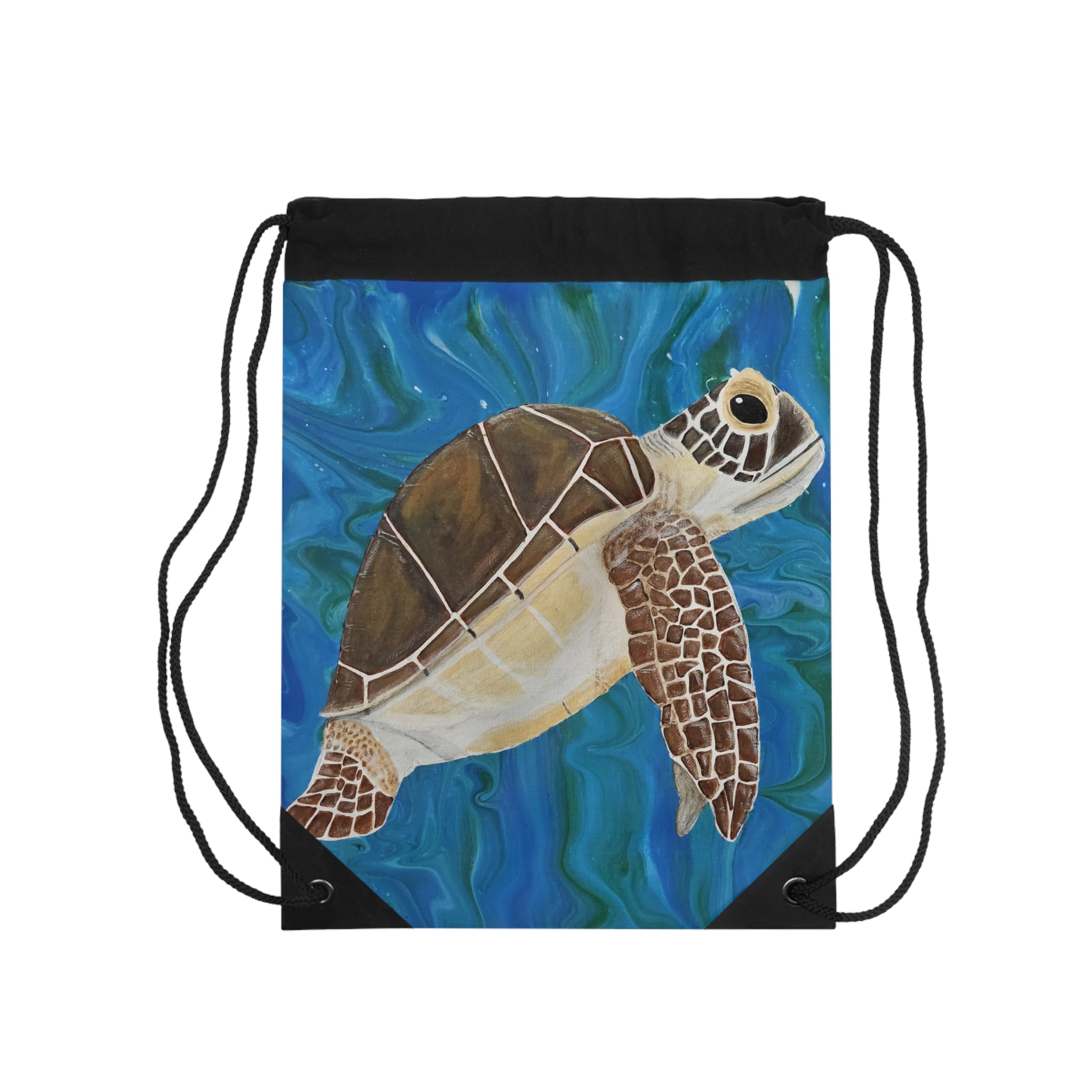 Drawstring bag with a turtle design on a blue underwater background