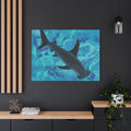 Framed artwork of a shark on a dark wall with wooden shelves and decor.