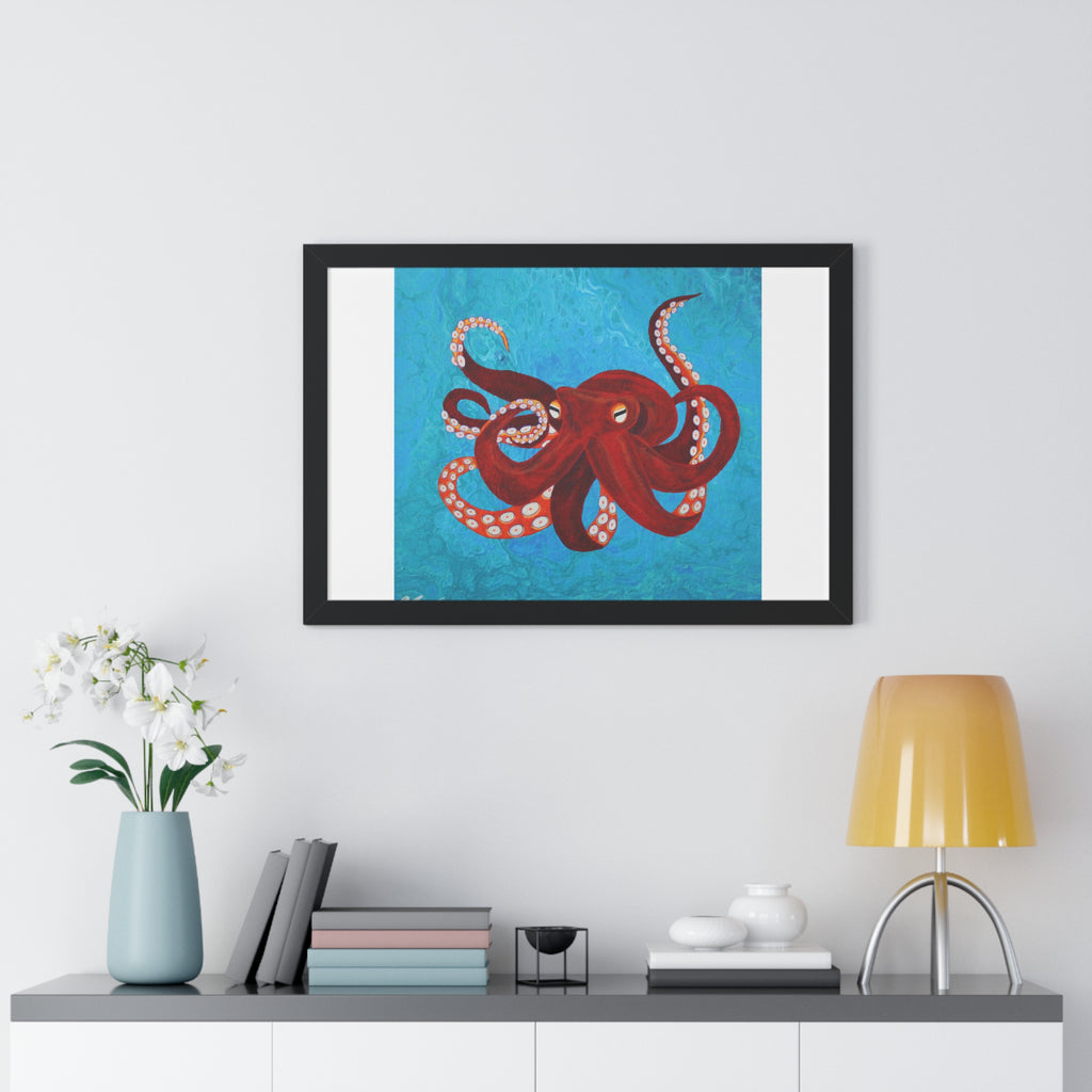 Framed artwork of a red octopus on a blue background above a shelf with decorative items.