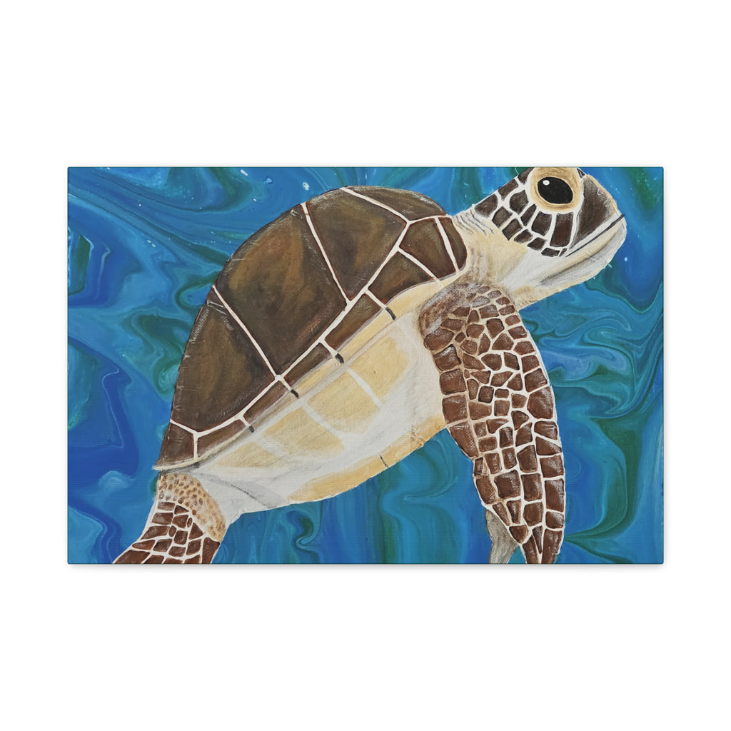 Painting of a turtle with a blue and green abstract background