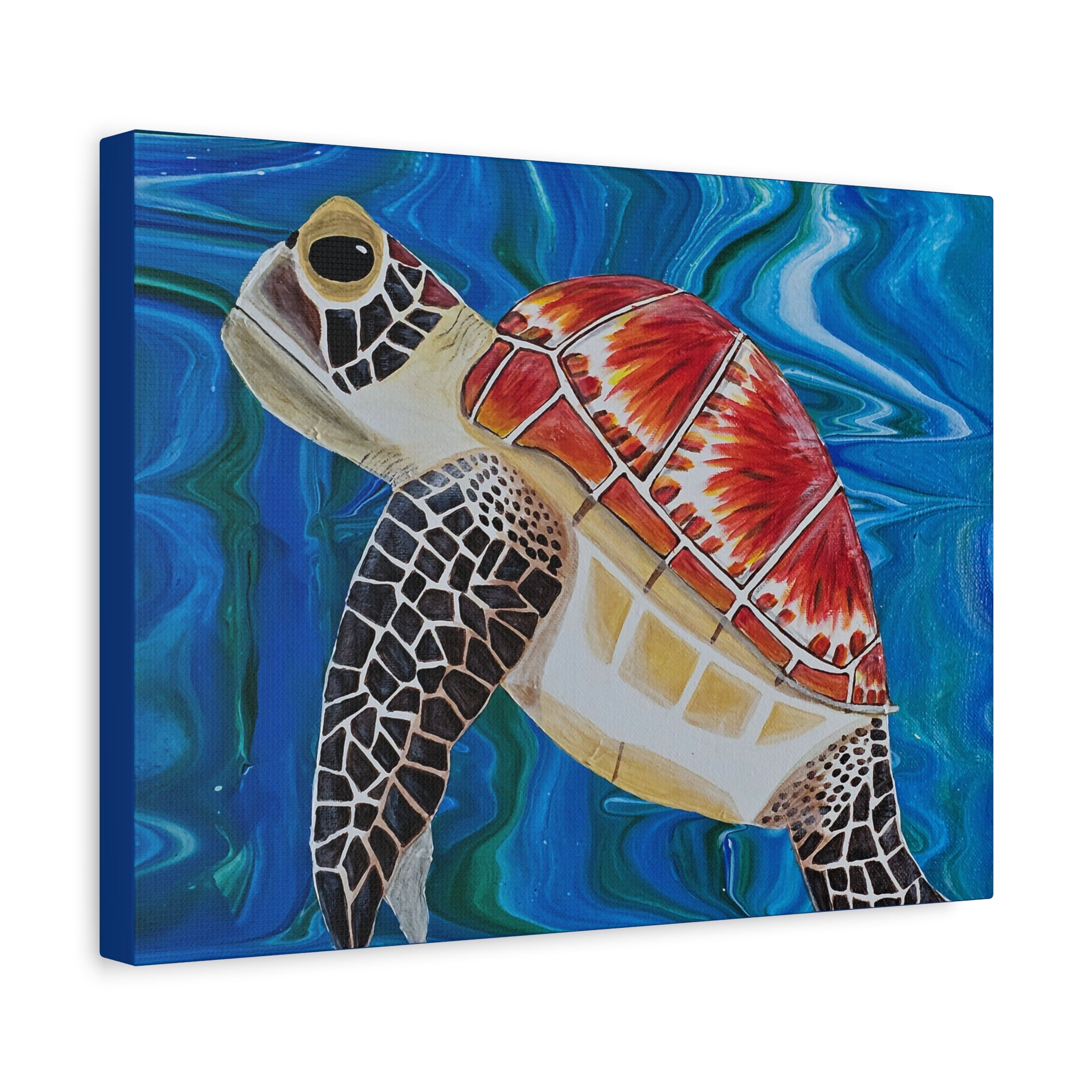 Canvas print of a turtle with a colorful shell against an underwater-themed background